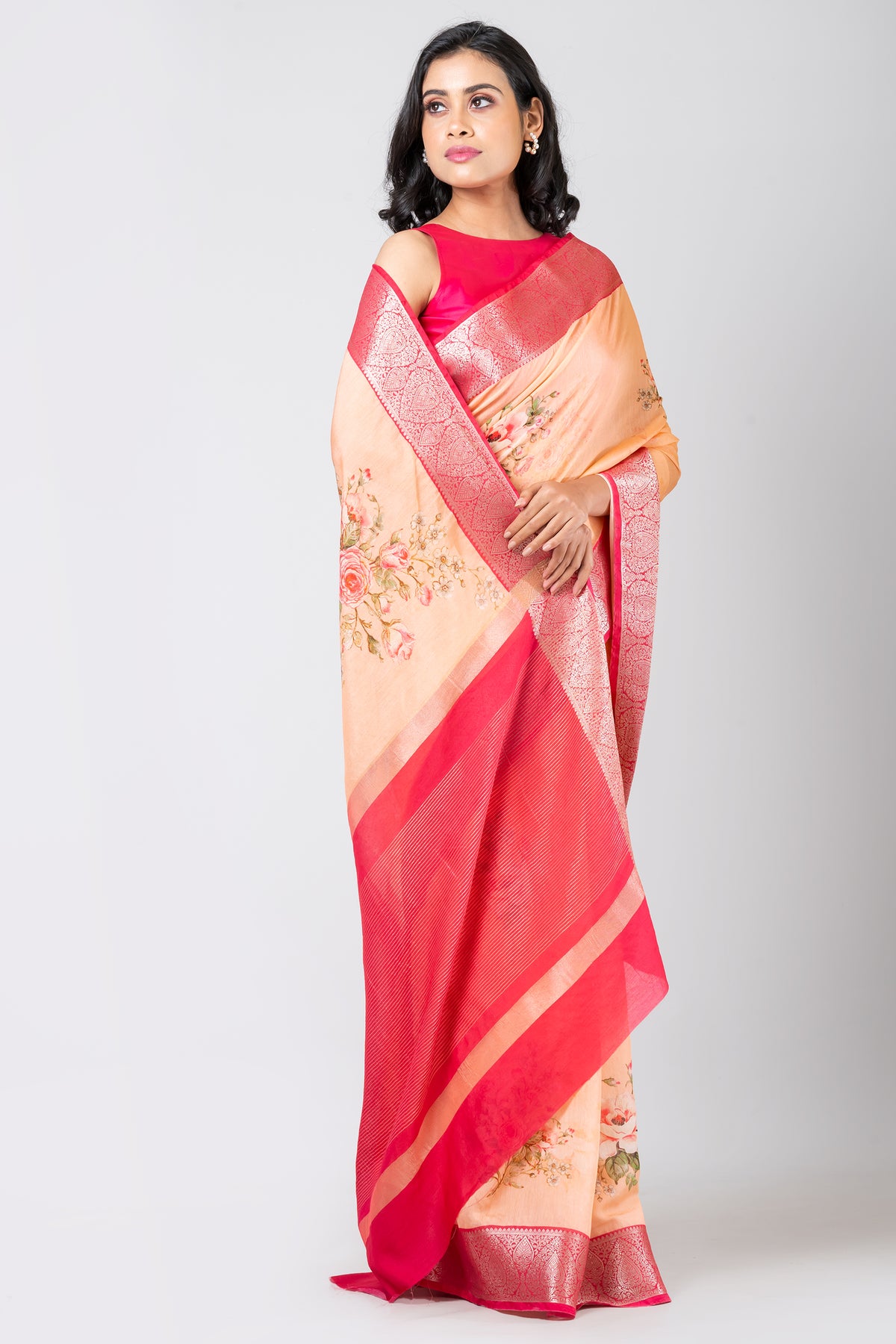 Floral enchantment Elegant Cream Chanderi Saree for Weddings and Special Occasions