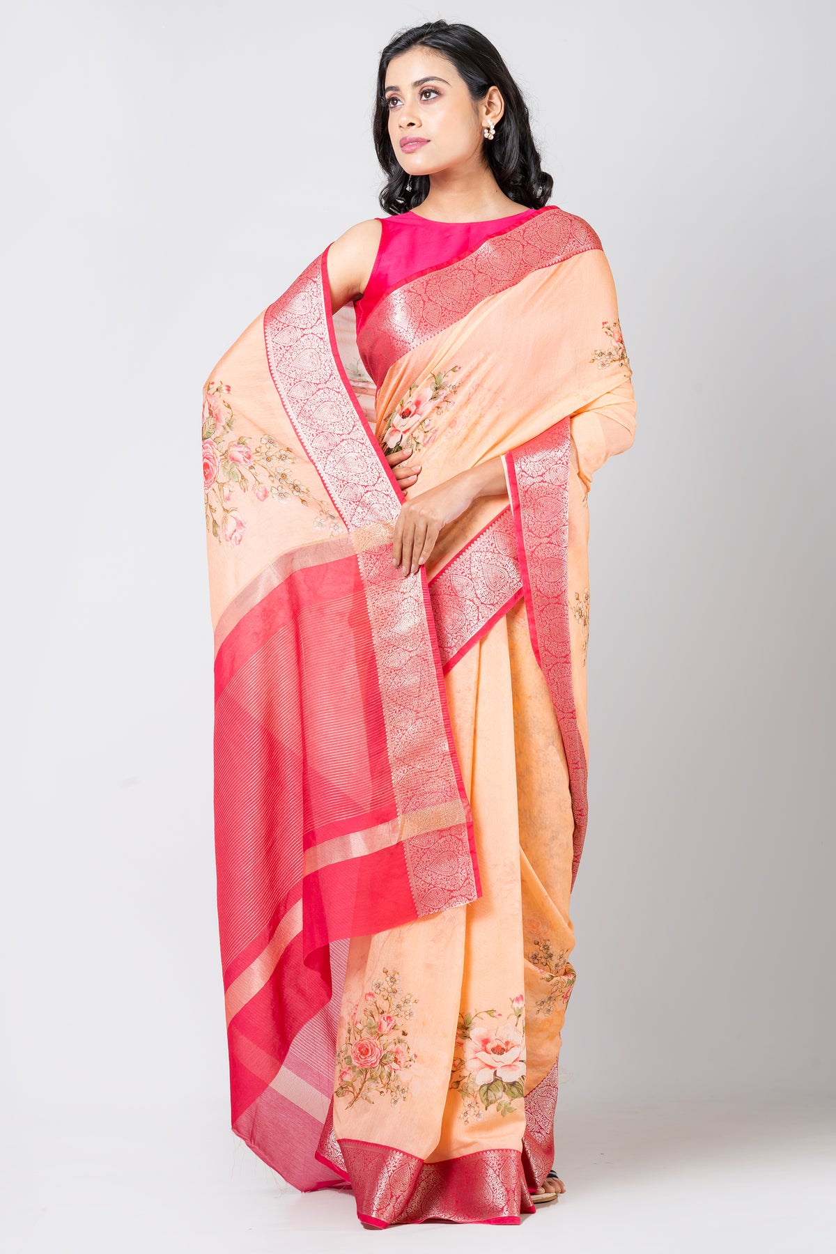 Floral enchantment Elegant Cream Chanderi Saree for Weddings and Special Occasions