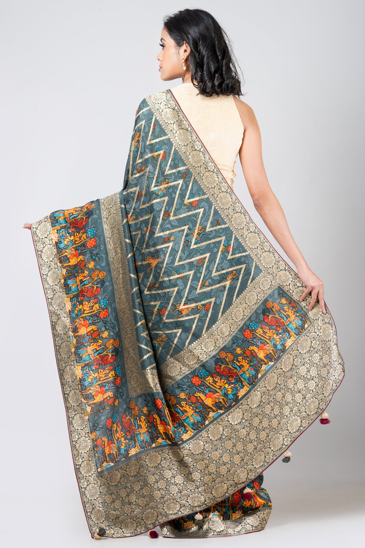 SERENITY DRAPED Premium Light Slate Blue Dola Leheriya Saree with Classic Rajasthani Wave Pattern Design