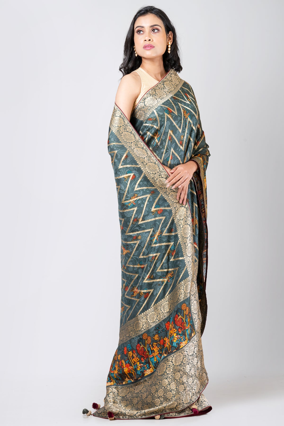 SERENITY DRAPED Premium Light Slate Blue Dola Leheriya Saree with Classic Rajasthani Wave Pattern Design