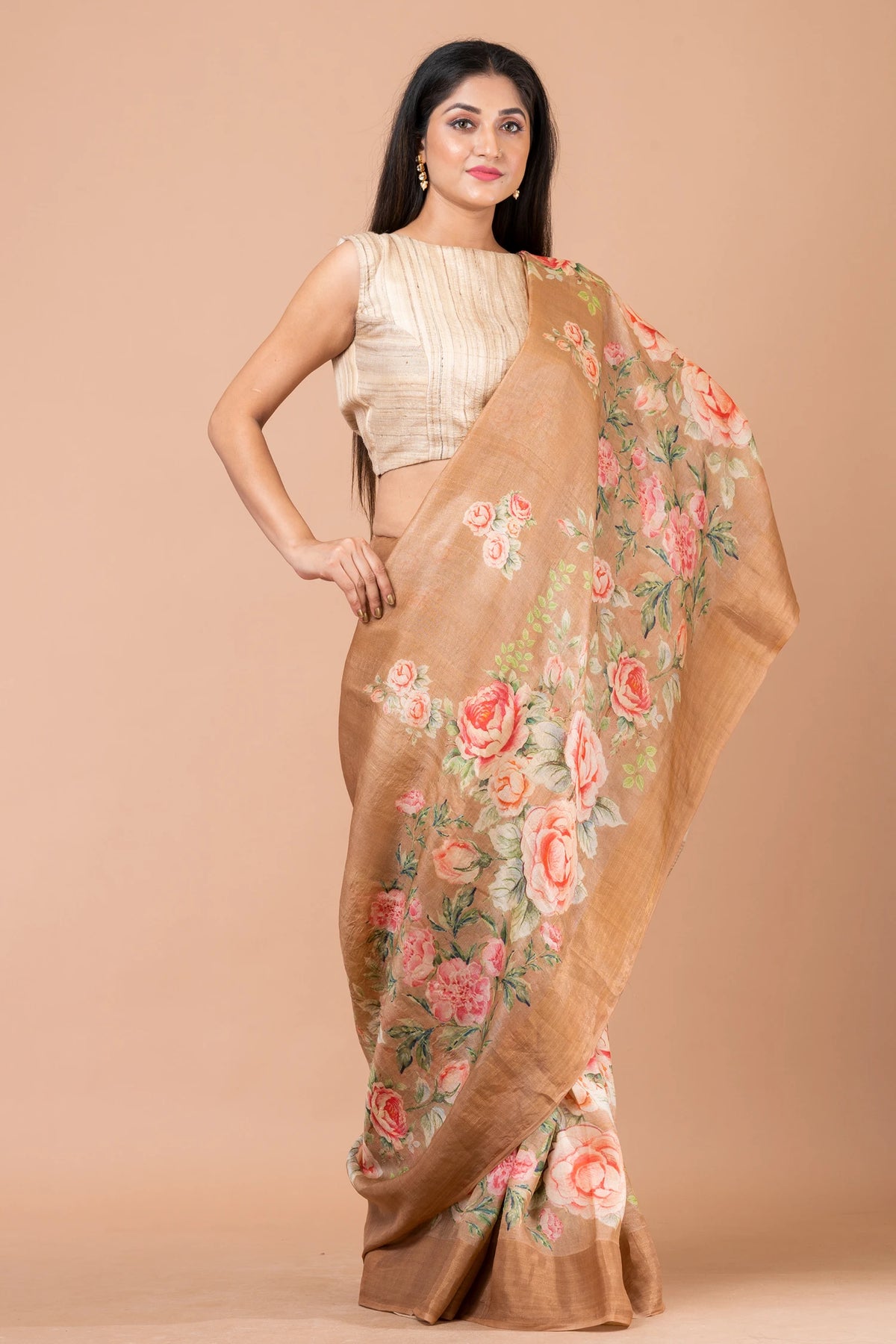 Floral Peace Classic Light Brown Tussar Silk Saree – Lightweight Handwoven Saree for Natural & Subtle Elegance