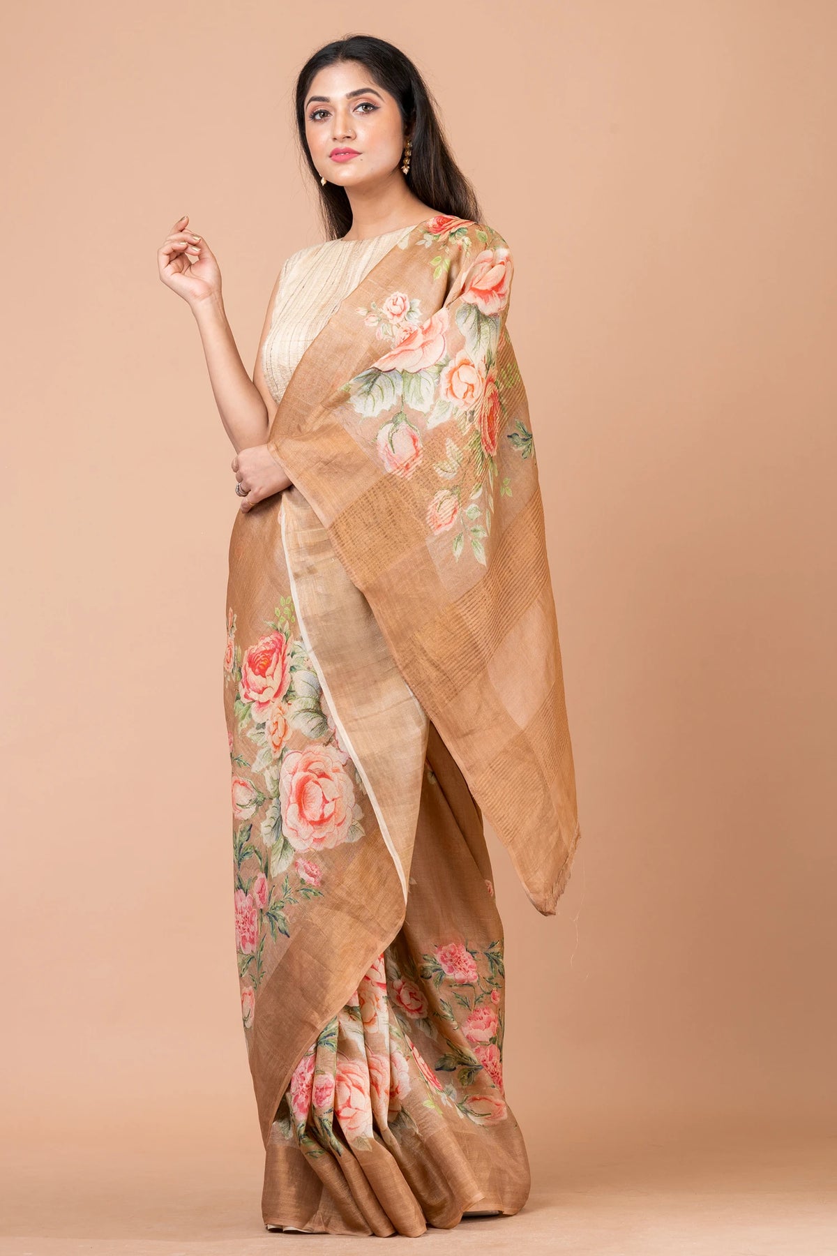 Floral Peace Classic Light Brown Tussar Silk Saree – Lightweight Handwoven Saree for Natural & Subtle Elegance