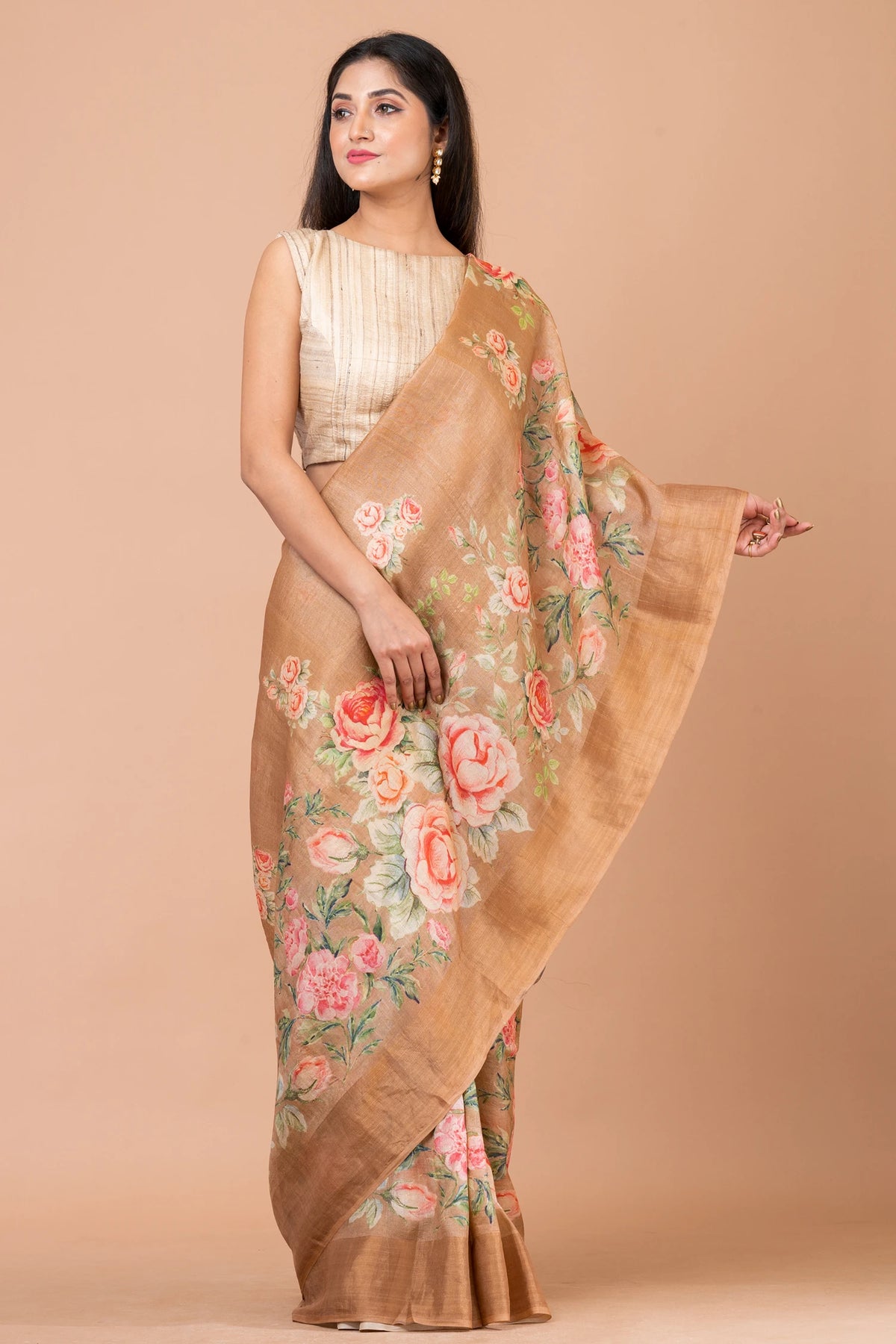 Floral Peace Classic Light Brown Tussar Silk Saree – Lightweight Handwoven Saree for Natural & Subtle Elegance