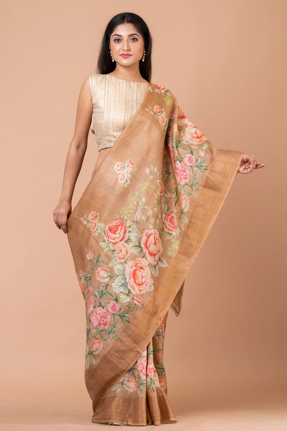 Floral Peace Classic Light Brown Tussar Silk Saree – Lightweight Handwoven Saree for Natural & Subtle Elegance