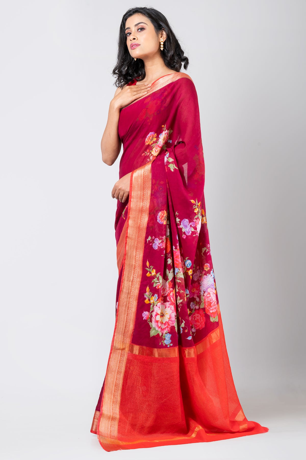 Aquarelle bloom | Traditional Wine Chanderi Saree for Weddings & Celebrations
