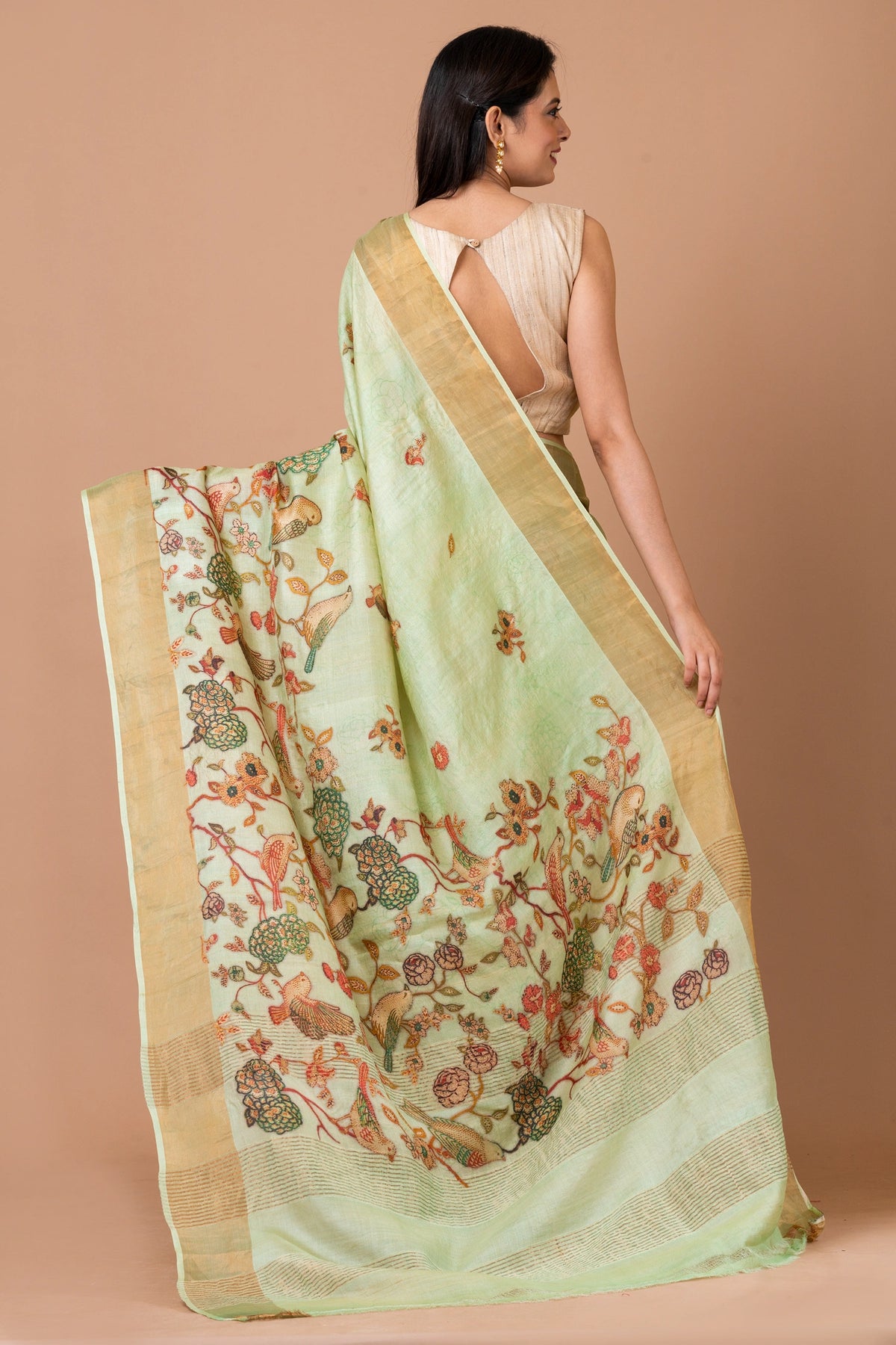 Botanical Beauty Premium Lime Green Tussar Silk Saree for Festive and Occasion Wear