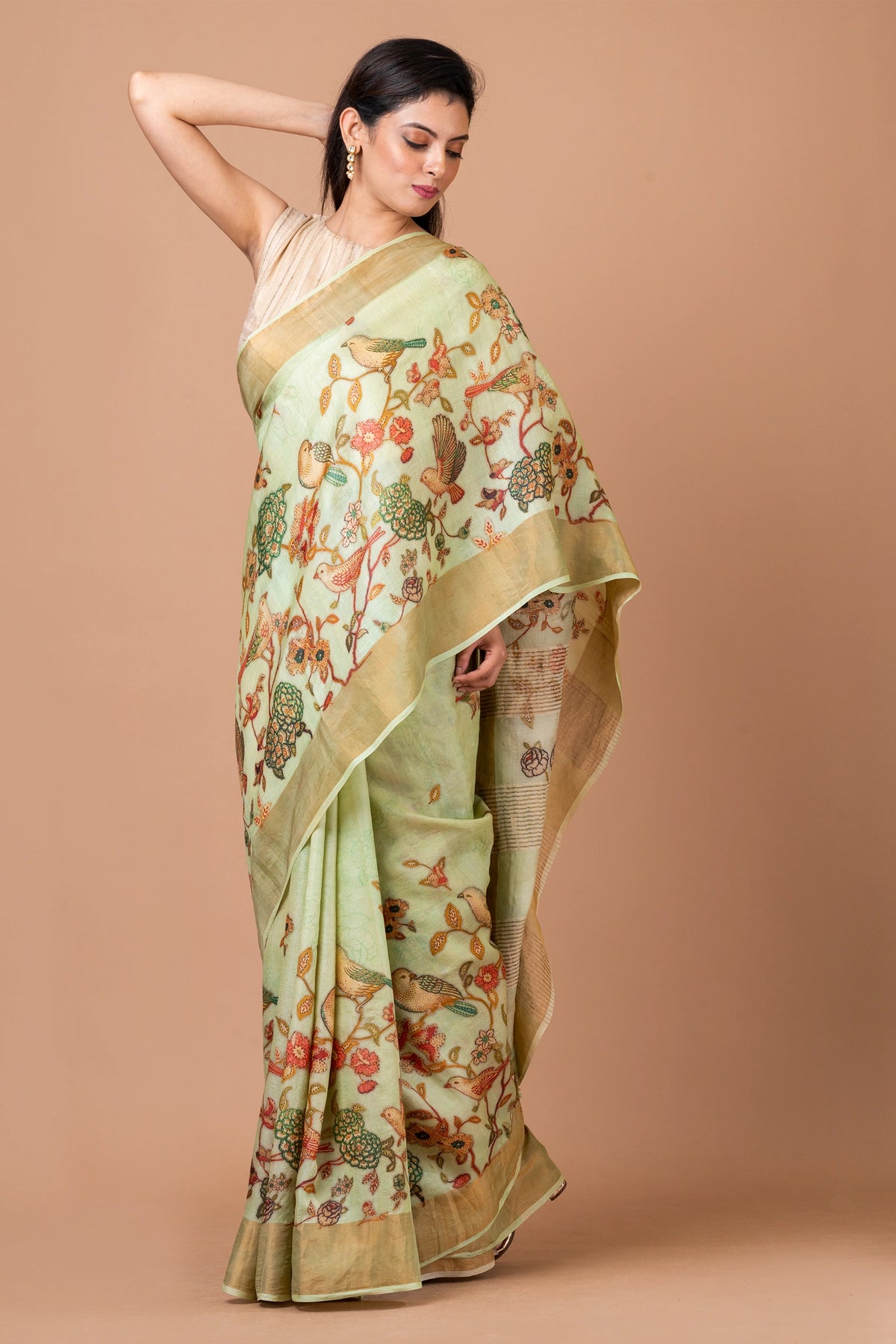 Botanical Beauty Premium Lime Green Tussar Silk Saree for Festive and Occasion Wear