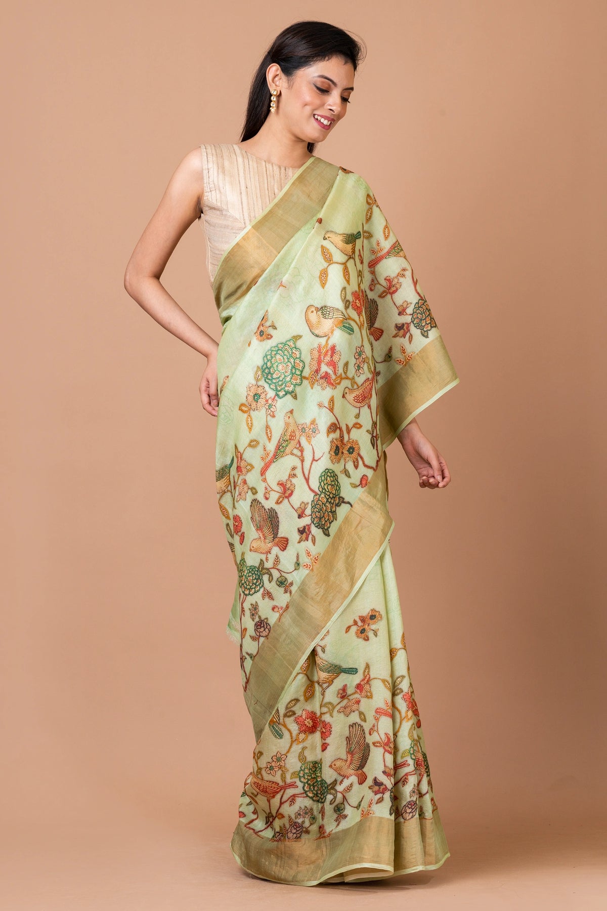Botanical Beauty Premium Lime Green Tussar Silk Saree for Festive and Occasion Wear