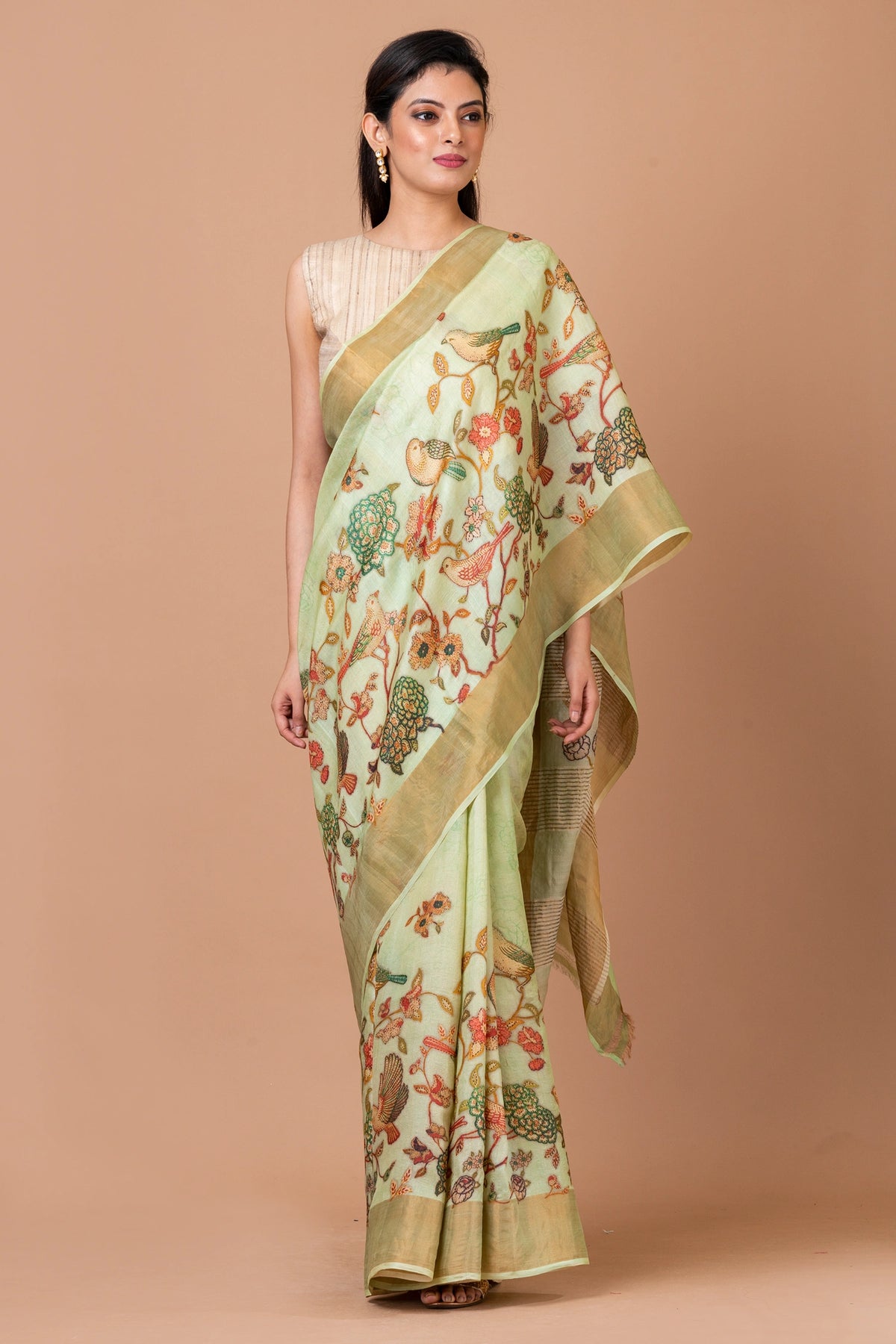 Botanical Beauty Premium Lime Green Tussar Silk Saree for Festive and Occasion Wear