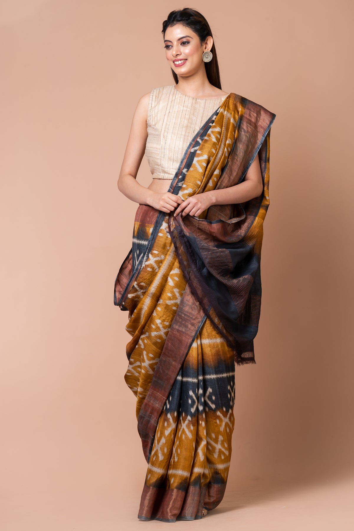 Rustic Charm Elegant Black & Yellow Tussar Silk Saree – Bold & Traditional Ethnic Drape for Festive Wear