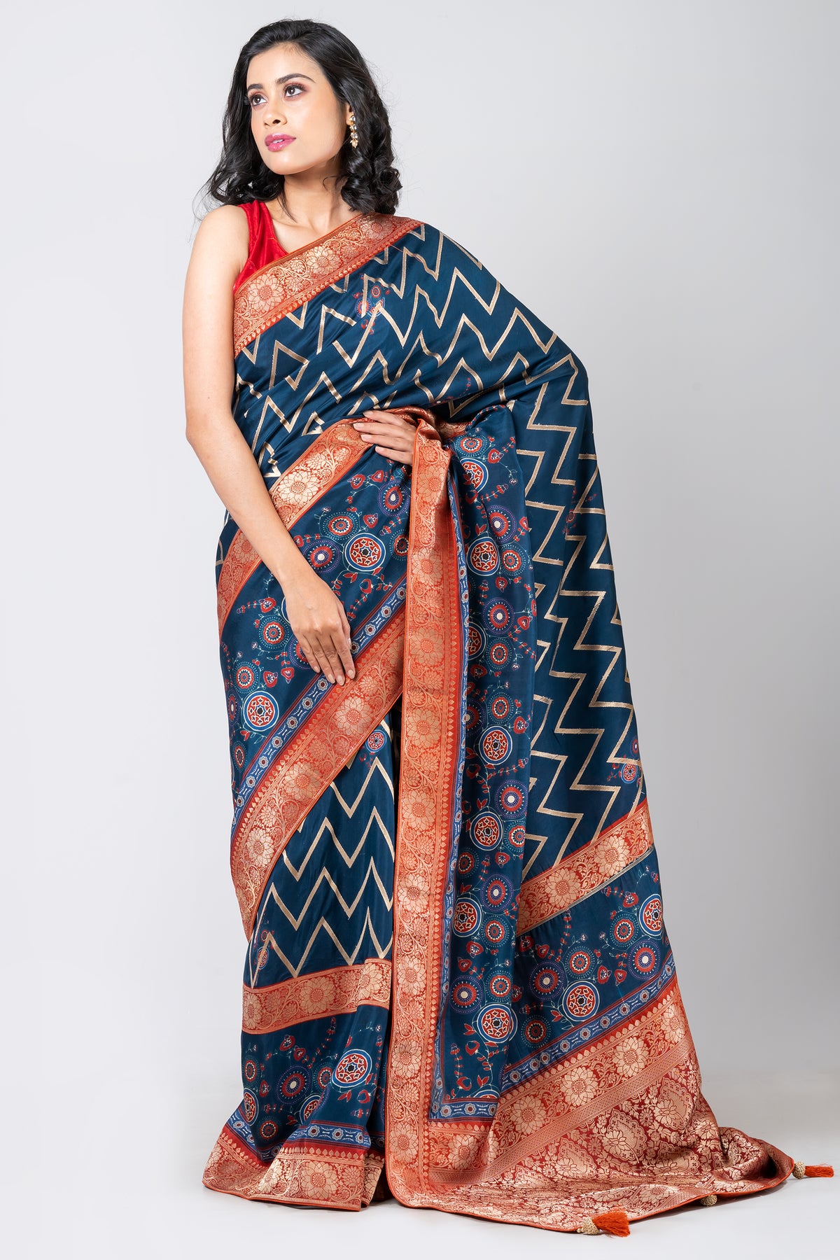 AZURE GEOMETRY Designer Blue Leheriya Saree in Dola Fabric for Weddings & Festive Wear