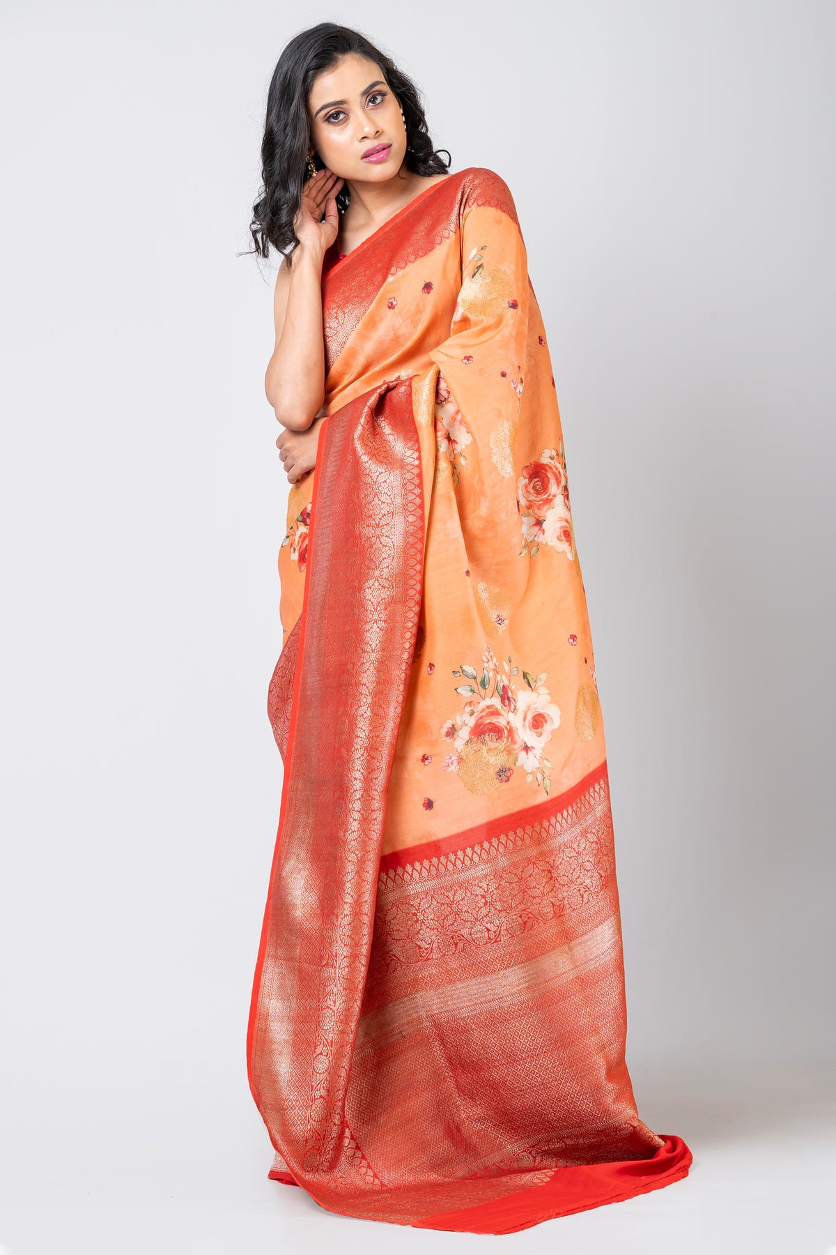 Fusion floral Elegant Orange Tussar Banarasi Saree for Festive & Wedding Wear