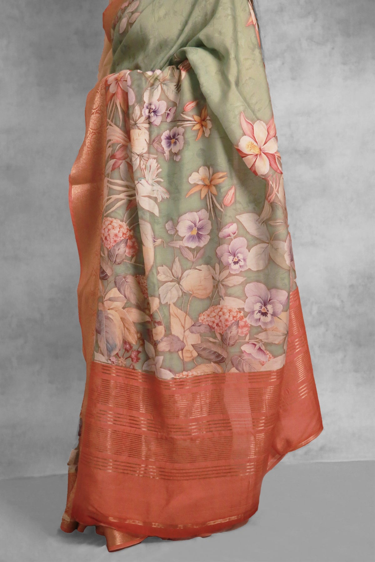 Garden fiesta Premium Pista Green and Red Chanderi Saree with Zari Weaving Detail
