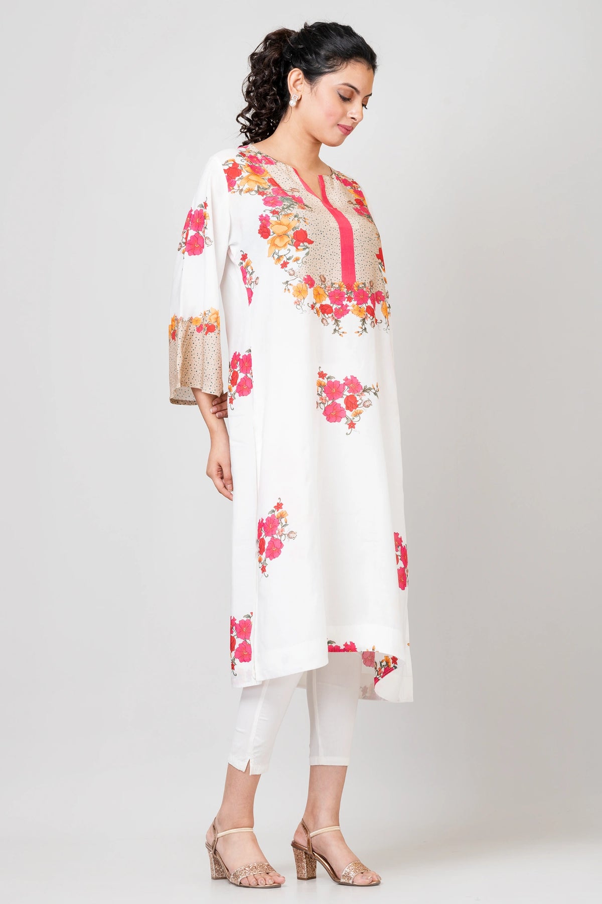 Pastel Petals White Chanderi Kurti with Pants Set for Women Elegant Ethnic Wear
