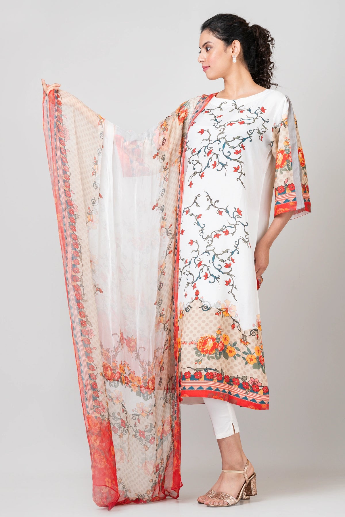 Ethereal Posies White Chanderi Kurti with Pants and Chiffon Dupatta Set for Women