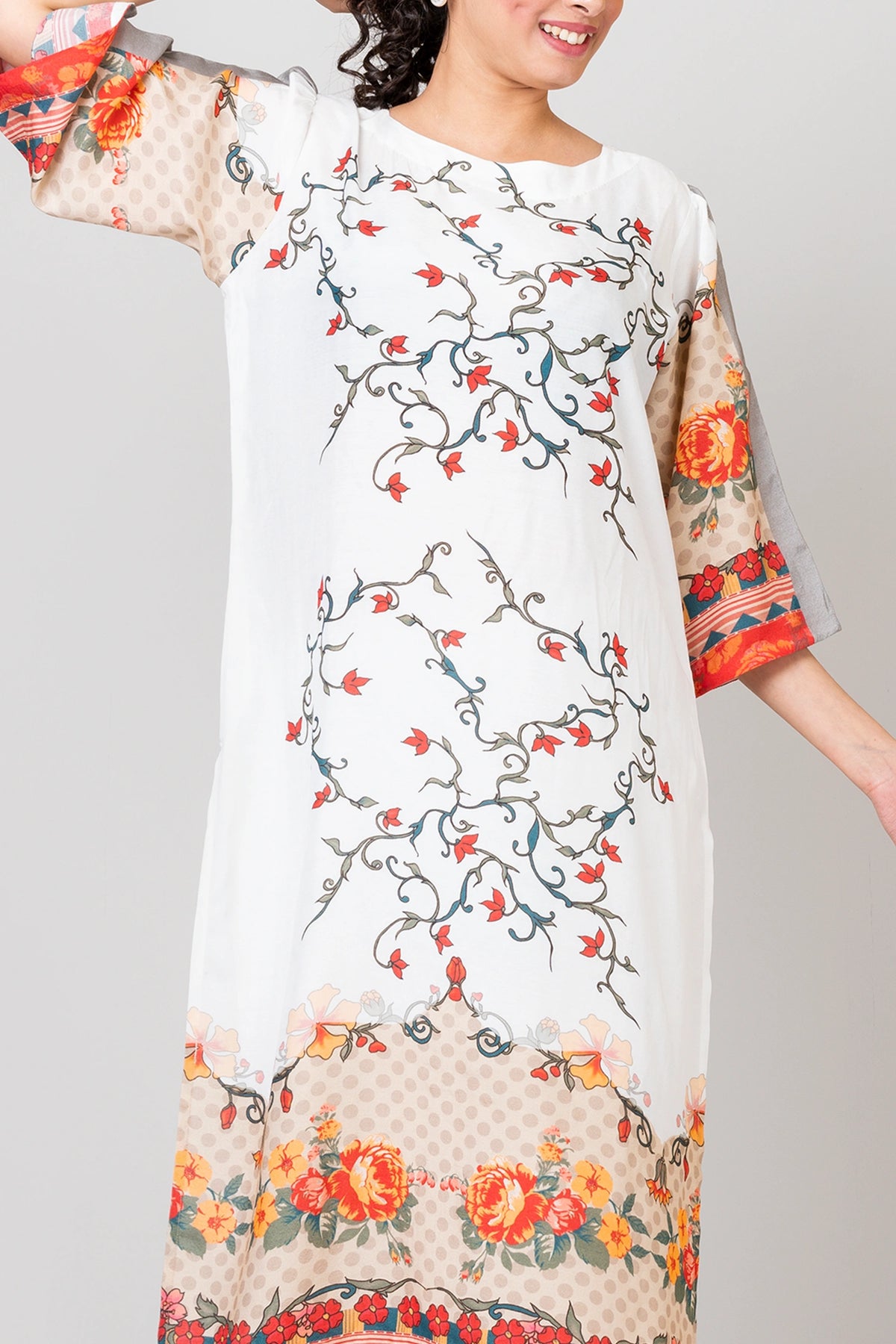 Ethereal Posies White Chanderi Kurti with Pants and Chiffon Dupatta Set for Women