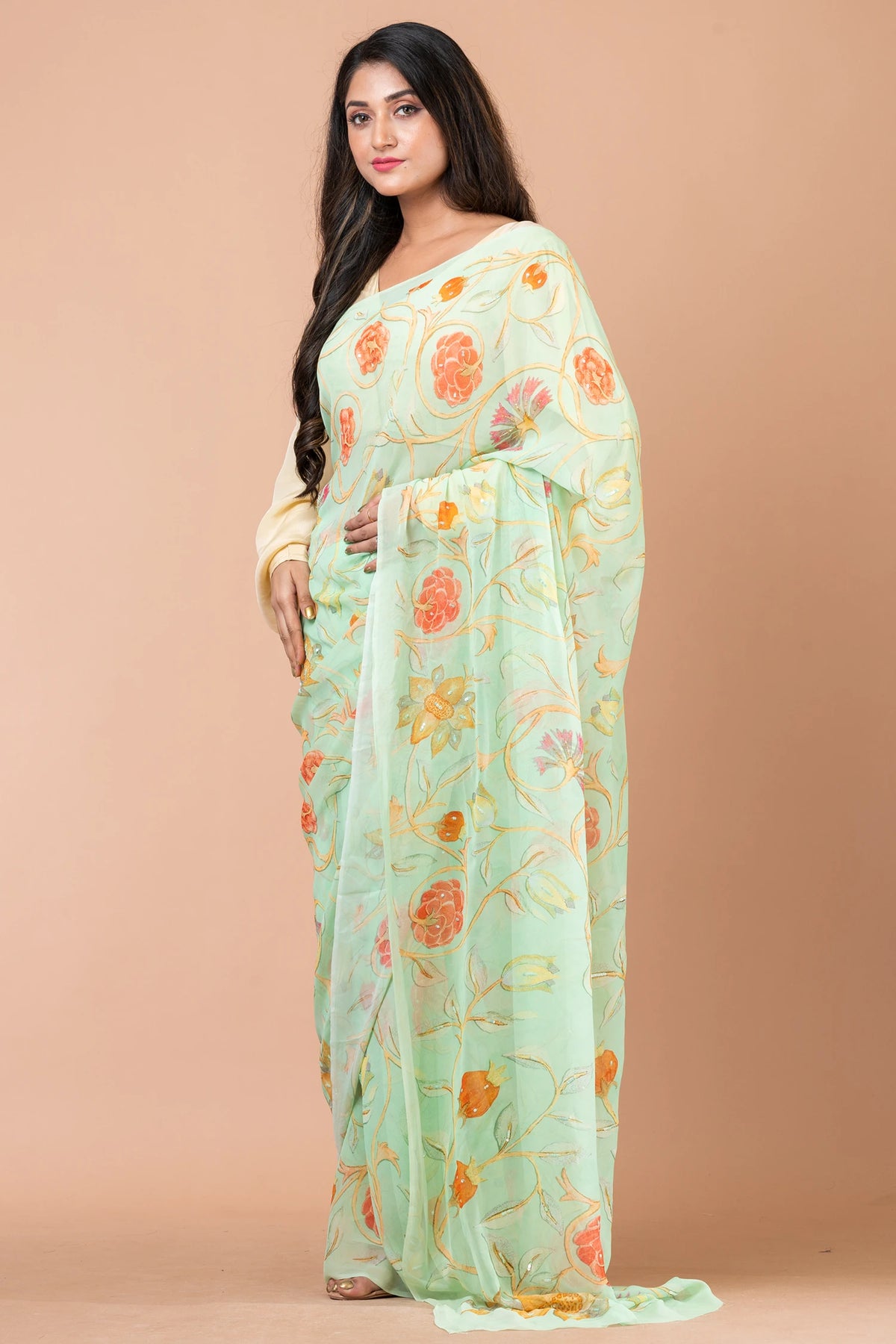 Mint Melody Designer Mint Green Georgette Saree for Party and Occasion Wear