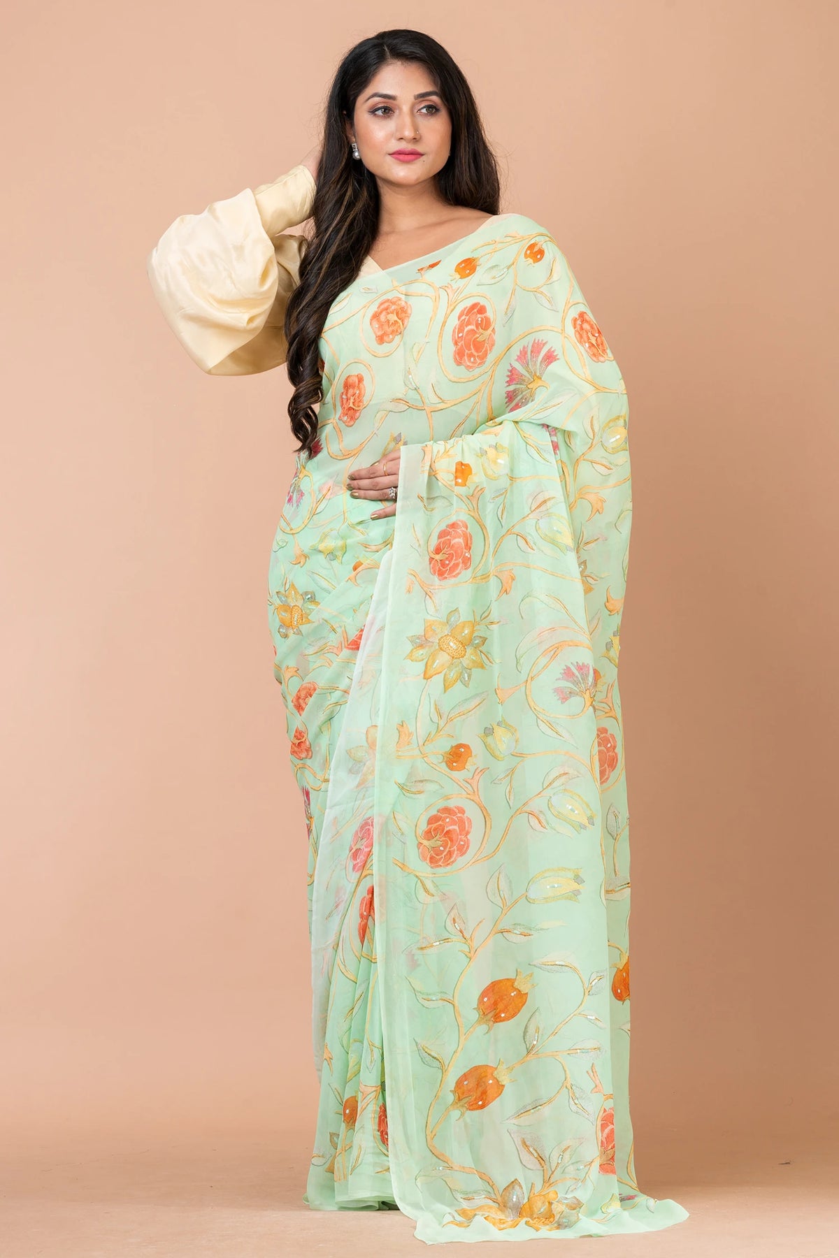 Mint Melody Designer Mint Green Georgette Saree for Party and Occasion Wear