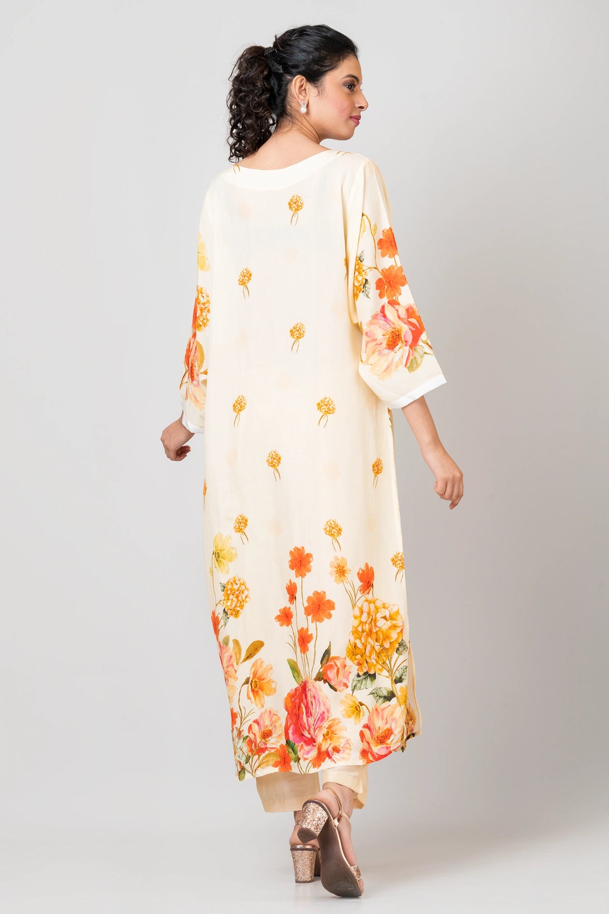 Serene Garden White Chanderi Kurti with Pants Set for Women Elegant Ethnic Wear