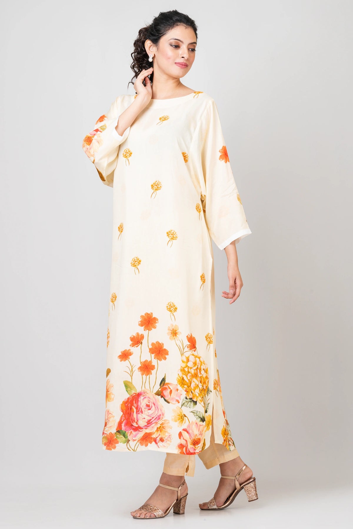 Serene Garden White Chanderi Kurti with Pants Set for Women Elegant Ethnic Wear