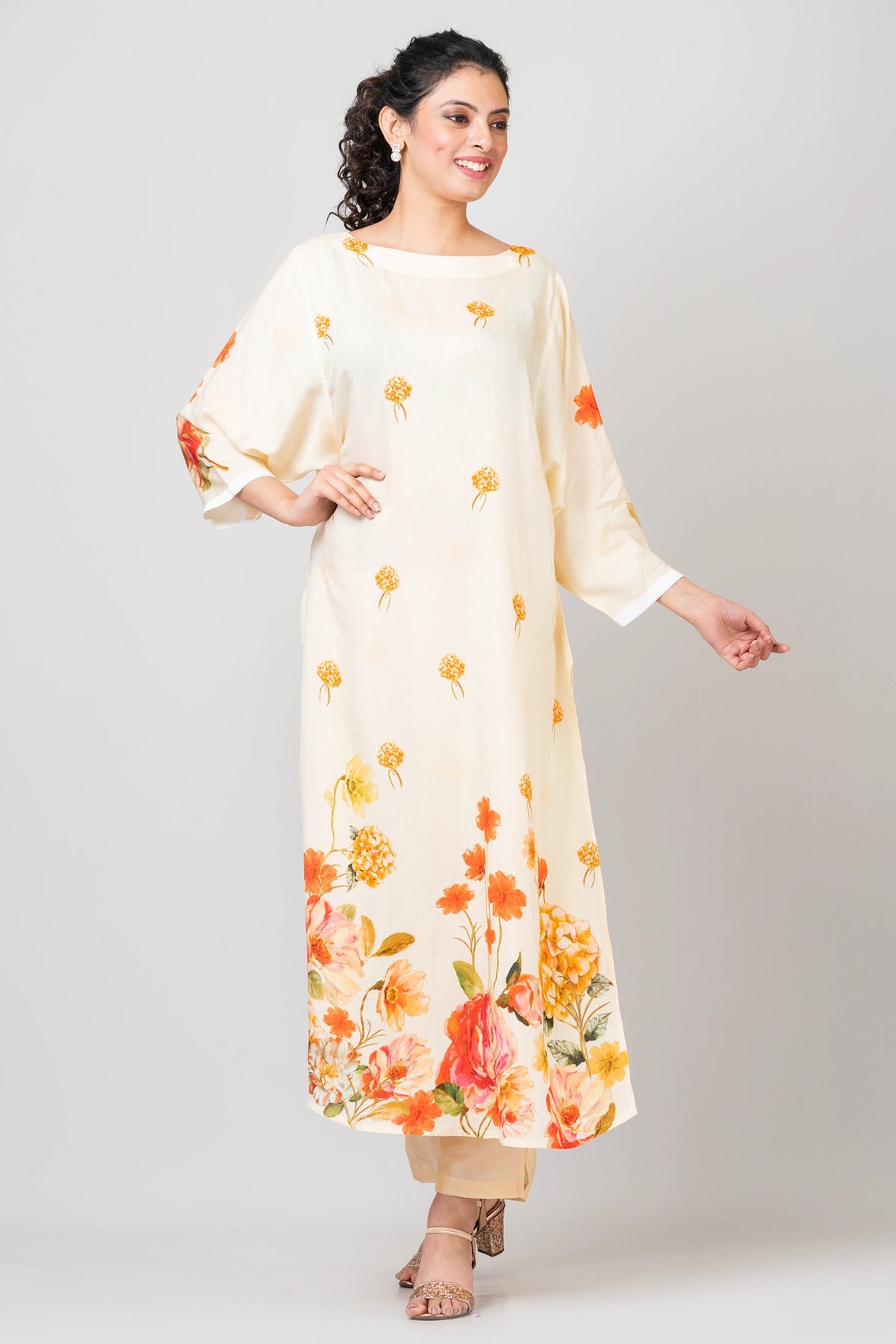 Serene Garden White Chanderi Kurti with Pants Set for Women Elegant Ethnic Wear