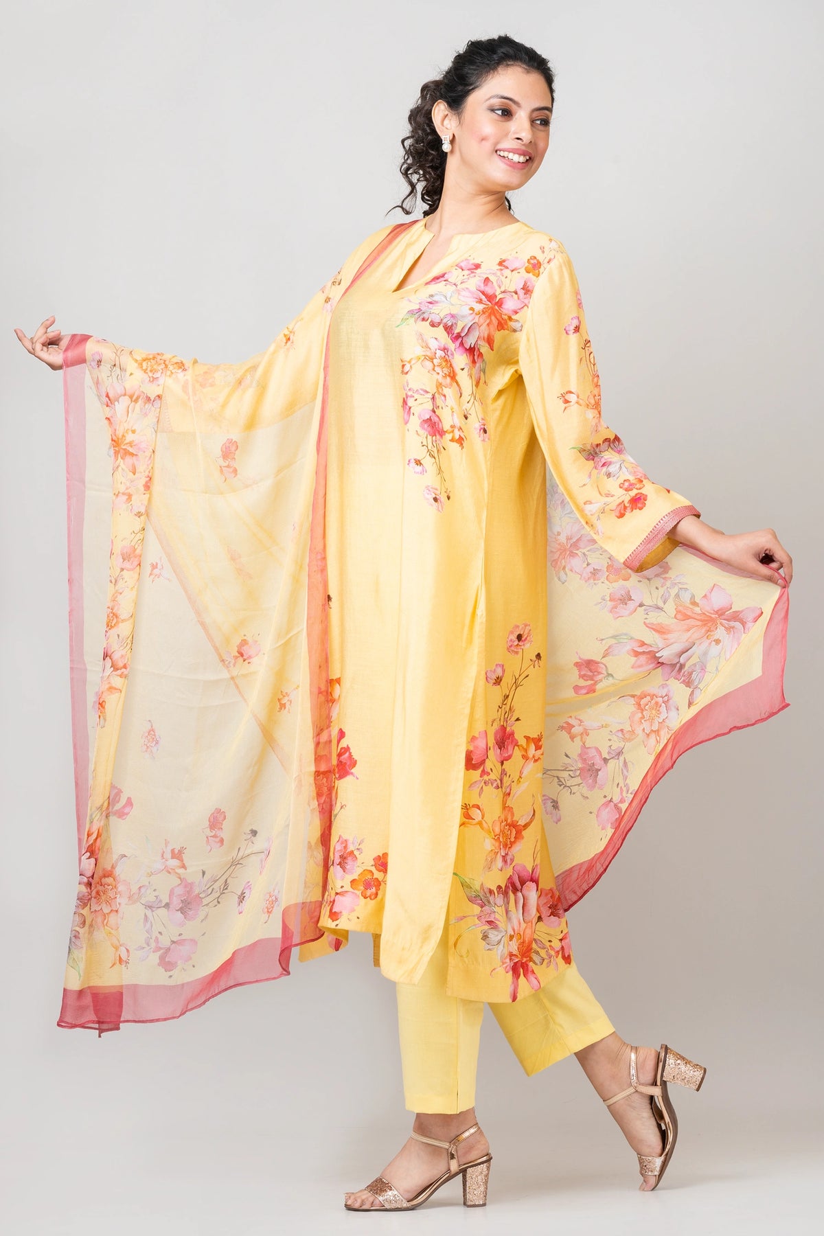 Delicate Blossoms Light Yellow Chanderi Kurti with Pants and Chiffon Dupatta Set for Women
