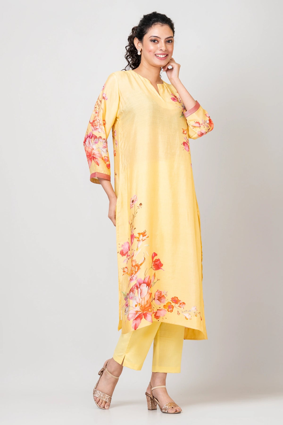 Delicate Blossoms Light Yellow Chanderi Kurti with Pants and Chiffon Dupatta Set for Women