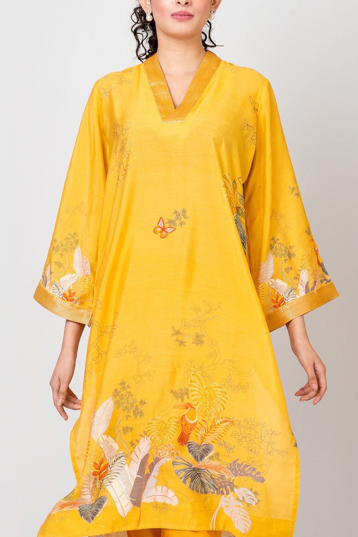 Tender Vines Yellow Chanderi Kurti with Pants and Chiffon Dupatta Set for Women