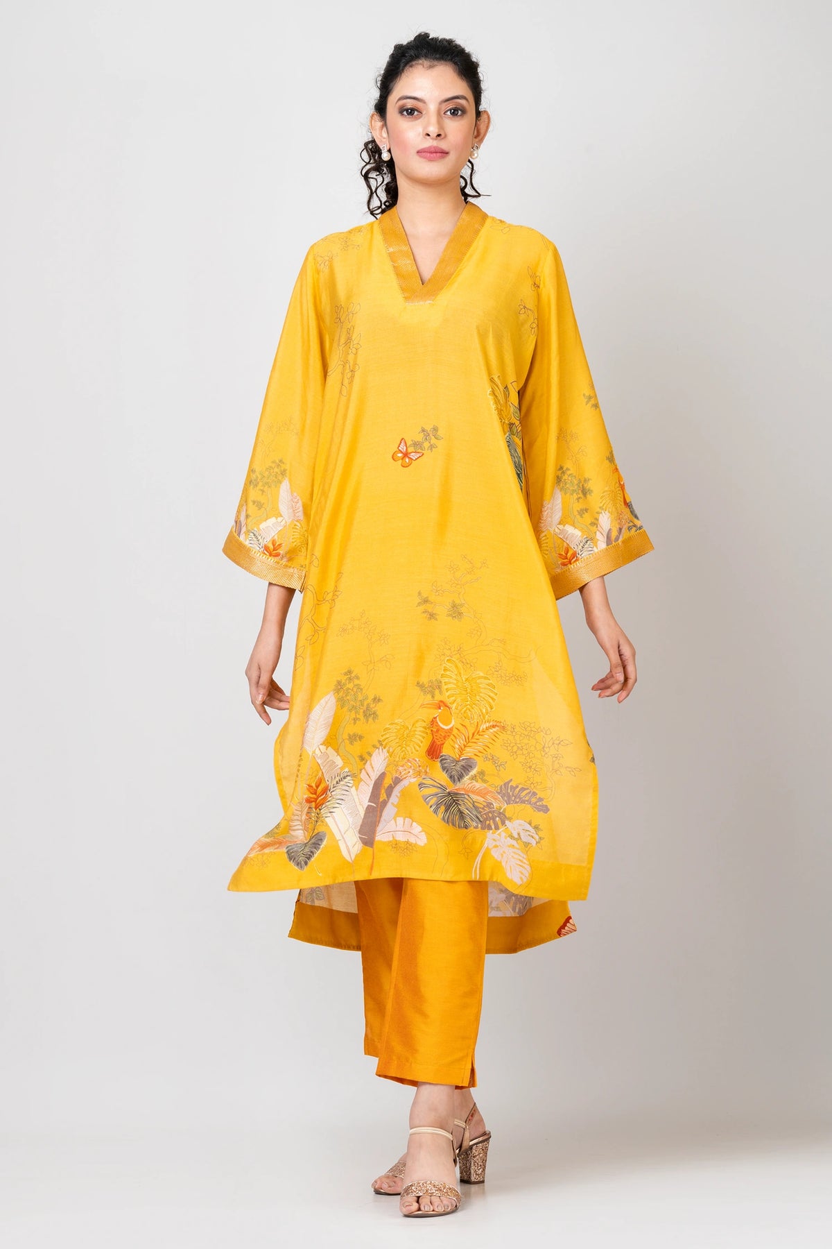 Tender Vines Yellow Chanderi Kurti with Pants and Chiffon Dupatta Set for Women