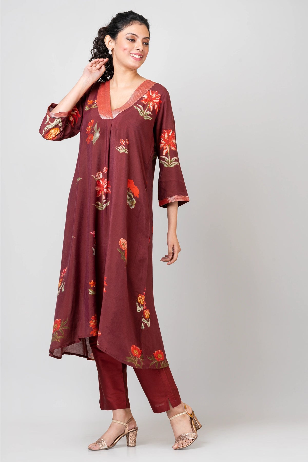 Gentle Blooms Maroon Chanderi Kurti with Palazzo Set for Women Elegant Ethnic Wear