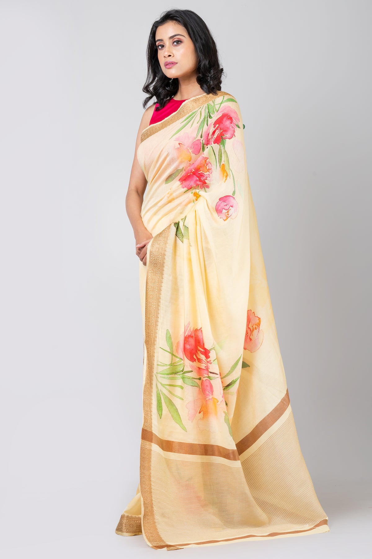 Pastel mirage bloom | Elegant Light Yellow Chanderi Saree for Weddings and Celebrations