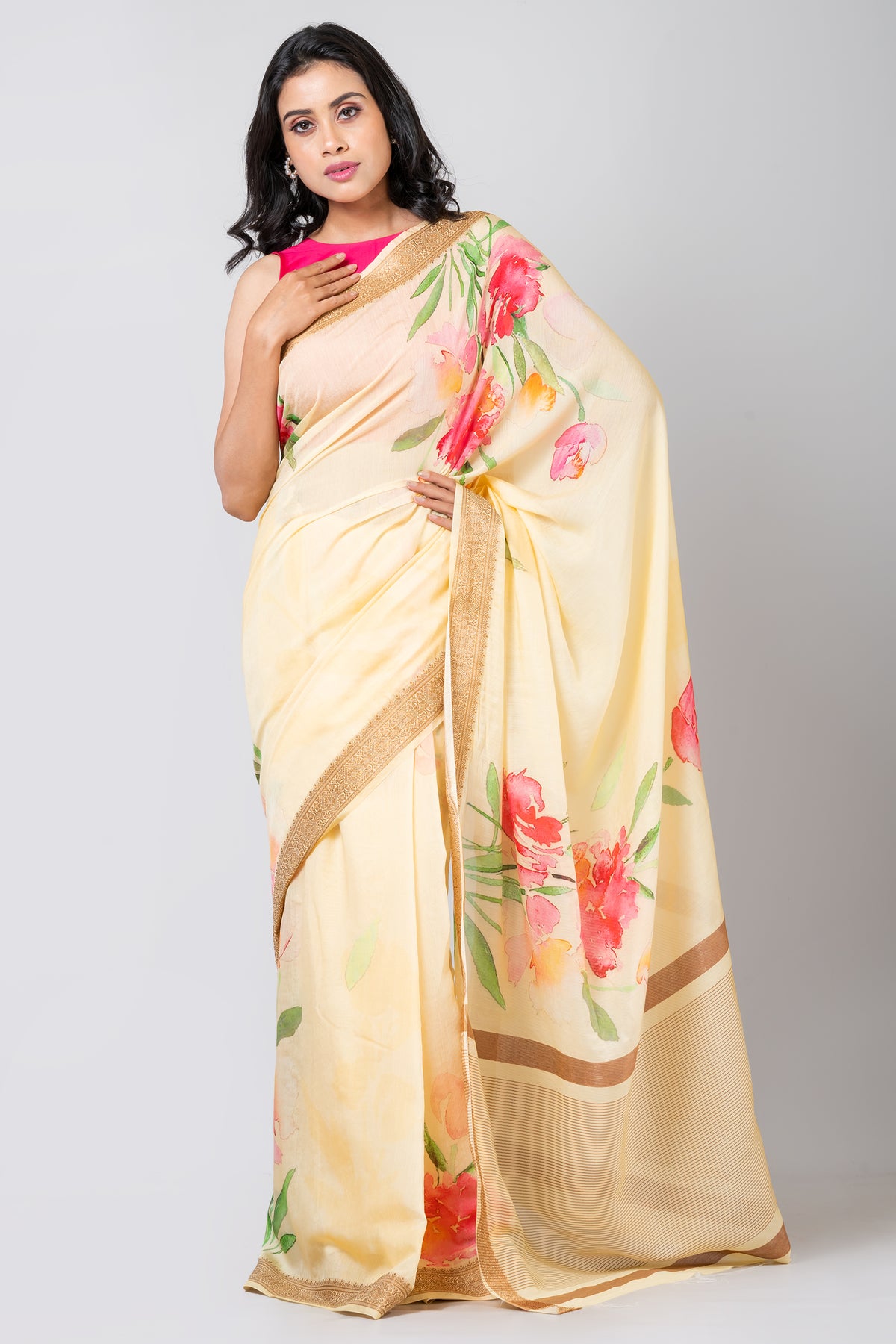 Pastel mirage bloom | Elegant Light Yellow Chanderi Saree for Weddings and Celebrations