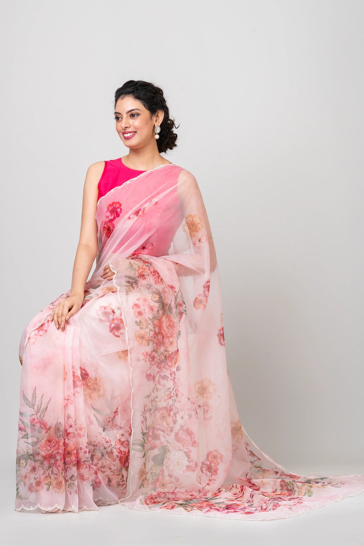 Floating flora Elegant Pink Satin Organza Saree with Crepe Finish