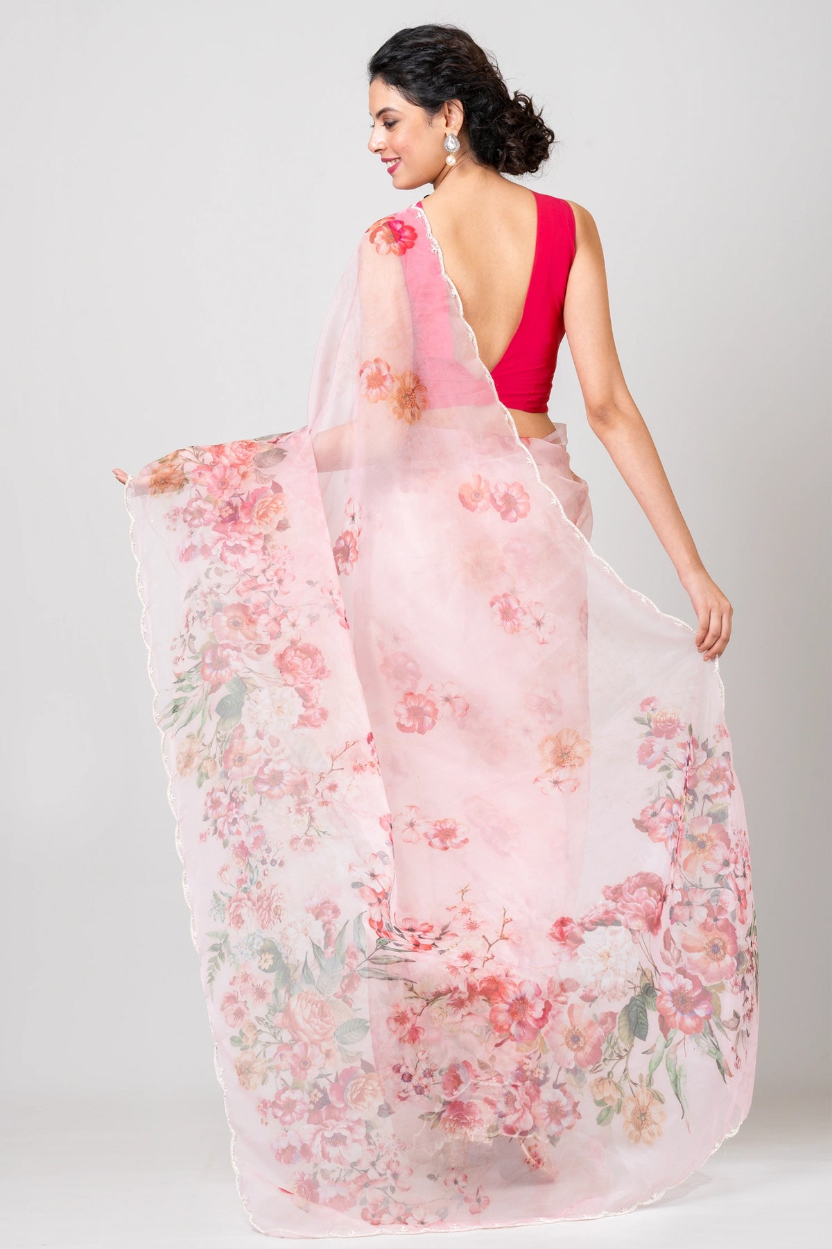 Floating flora Elegant Pink Satin Organza Saree with Crepe Finish