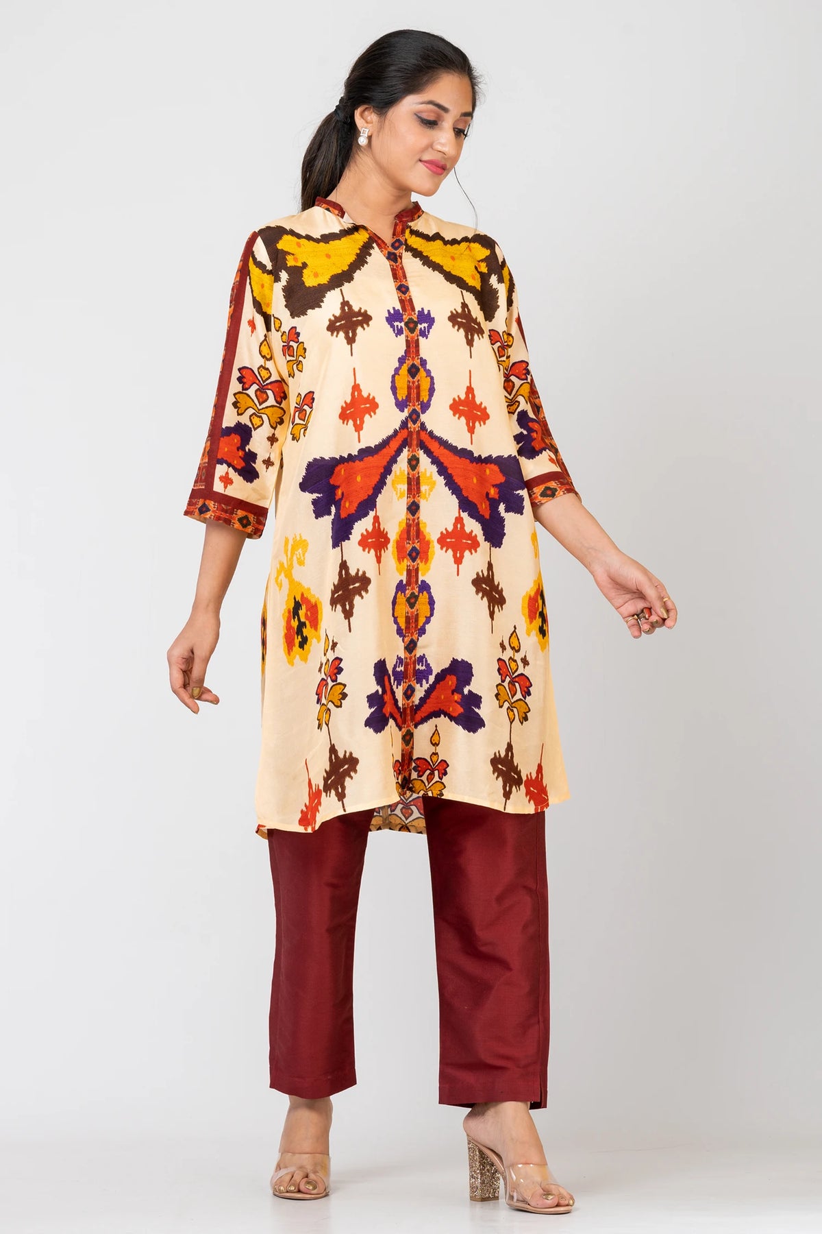 Ikat Harmony Yellow Raw Silk Kurti Set with Matching Silk Pants for Women