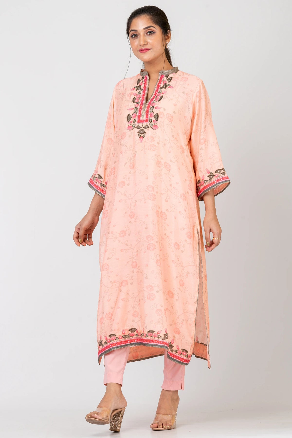 Peachy Dreamscape Peach Chanderi Ethnic Suit Set with Raw Silk Pants and Soft Chiffon Dupatta