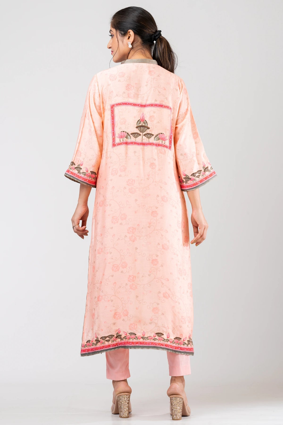 Peachy Dreamscape Peach Chanderi Ethnic Suit Set with Raw Silk Pants and Soft Chiffon Dupatta