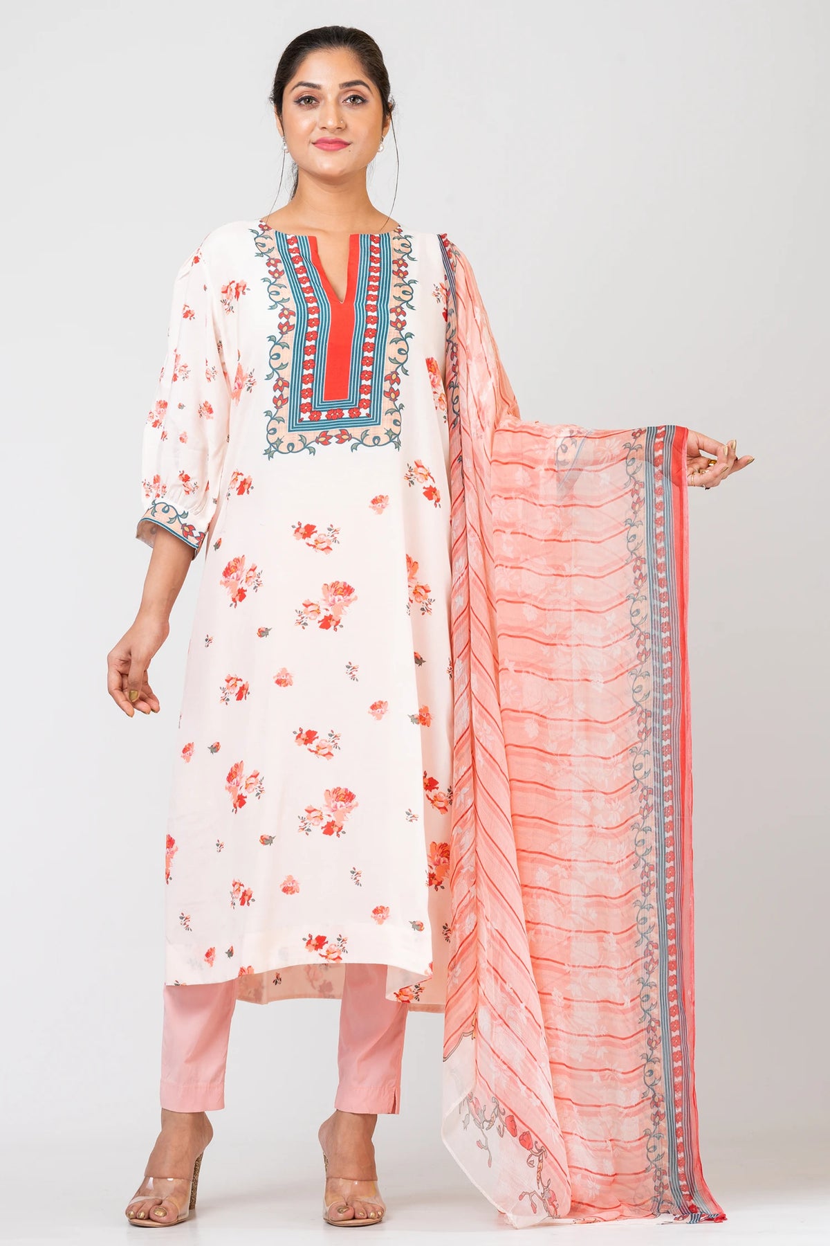Peachy Charm Designer Peach Ethnic Set – Chanderi Kurti, Raw Silk Pants & Chiffon Dupatta