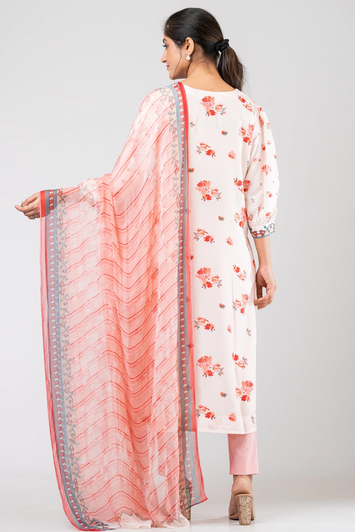 Peachy Charm Designer Peach Ethnic Set – Chanderi Kurti, Raw Silk Pants & Chiffon Dupatta
