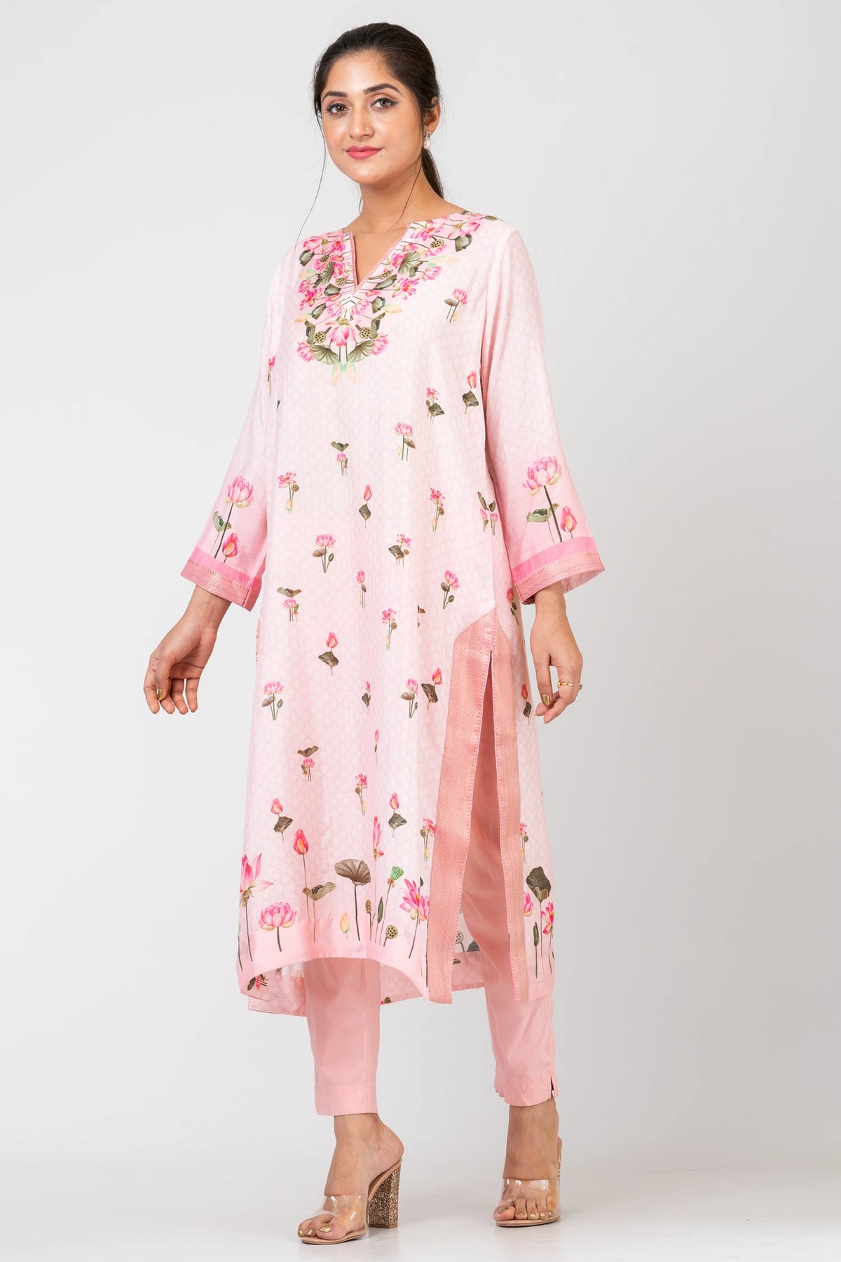Blush Symphony Women's Light Pink Chanderi Suit Set with Raw Silk Pants & Flowing Chiffon Dupatta