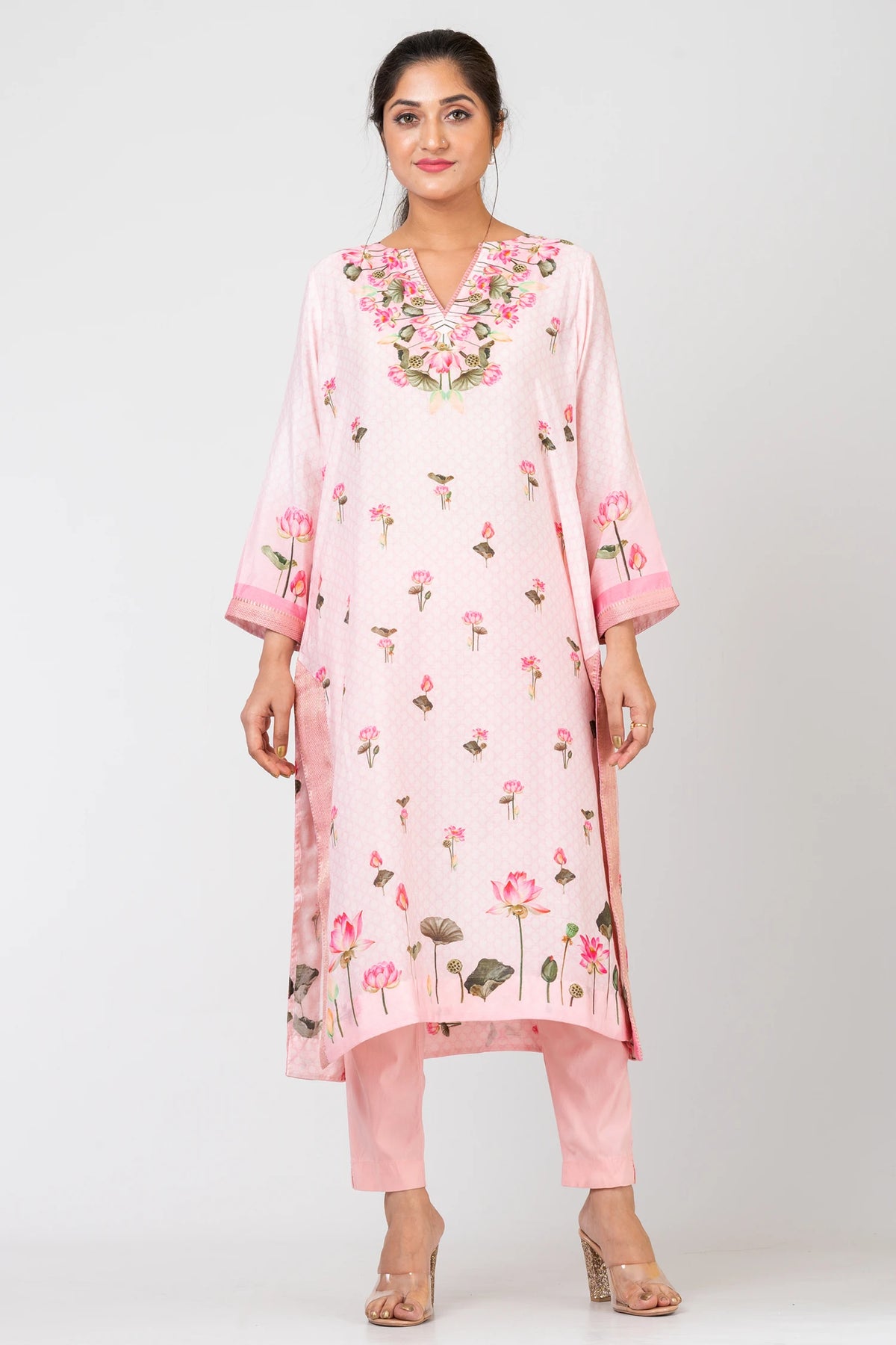 Blush Symphony Women's Light Pink Chanderi Suit Set with Raw Silk Pants & Flowing Chiffon Dupatta