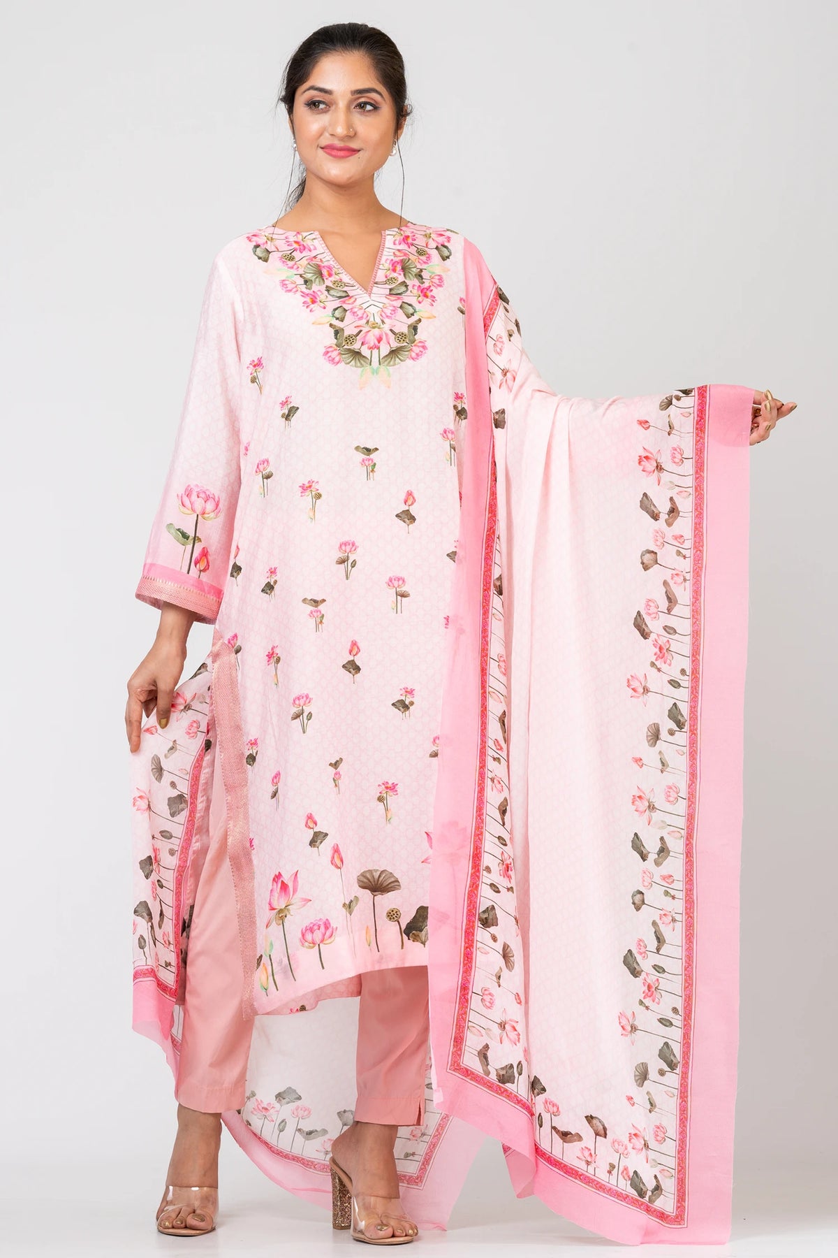 Blush Symphony Women's Light Pink Chanderi Suit Set with Raw Silk Pants & Flowing Chiffon Dupatta
