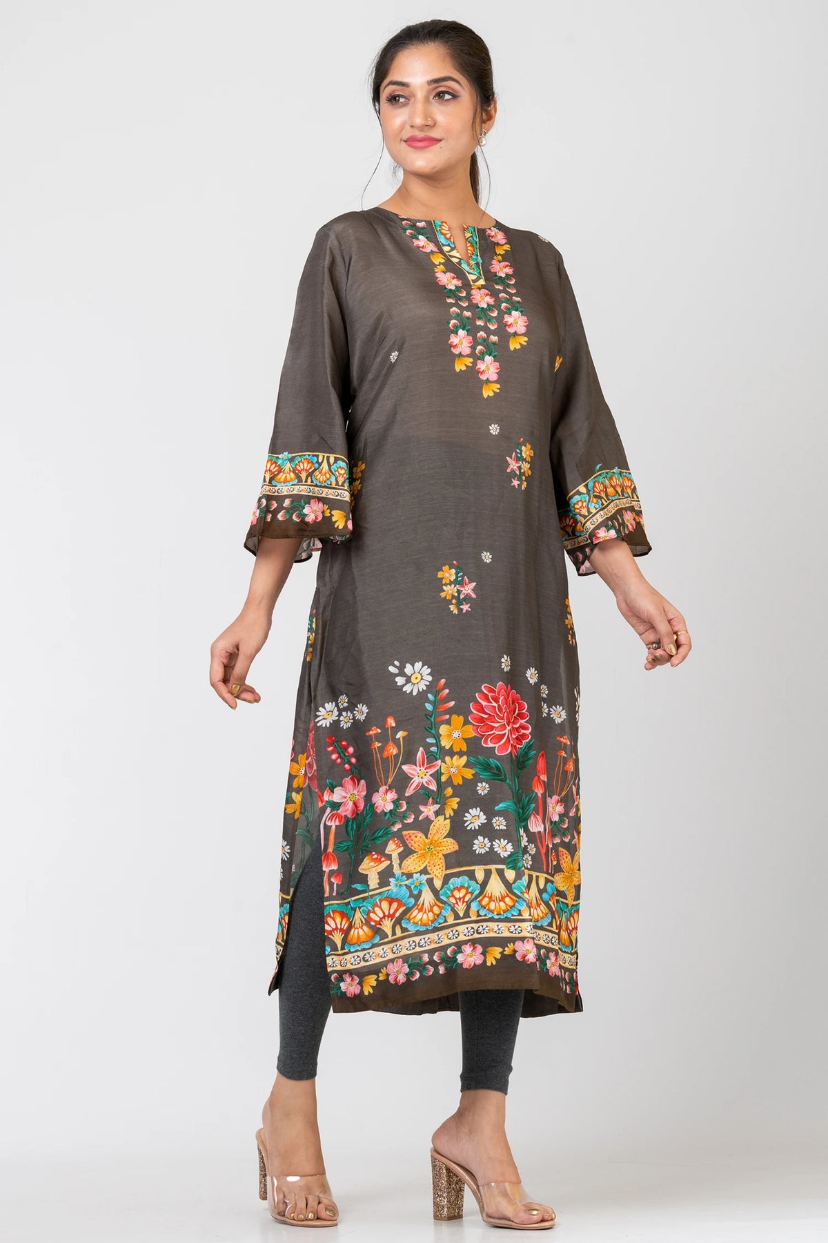 Petal Parade Grey Raw Silk Kurti Set with Pants & Dupatta for Women | Elegant Festive Wear