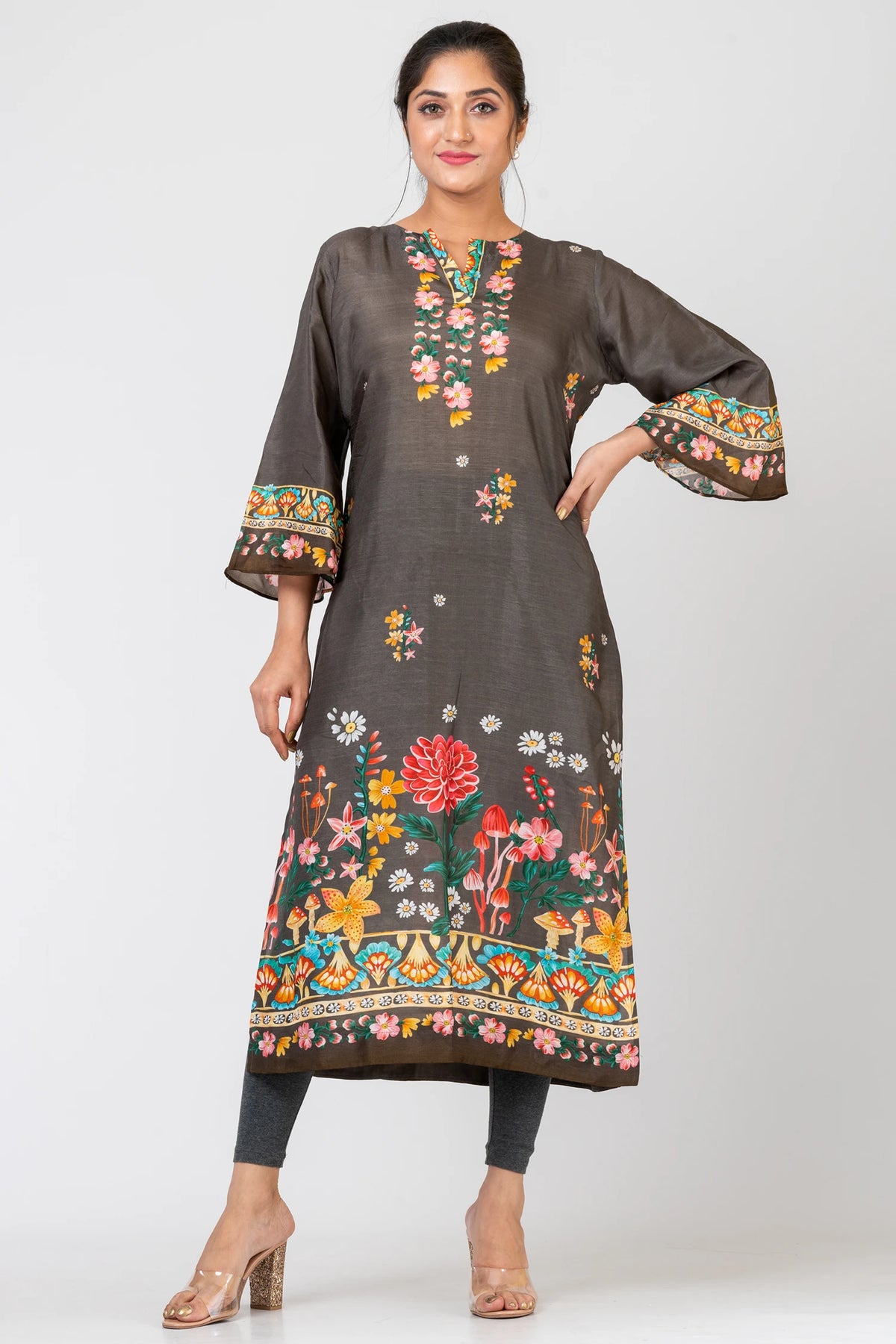 Petal Parade Grey Raw Silk Kurti Set with Pants & Dupatta for Women | Elegant Festive Wear