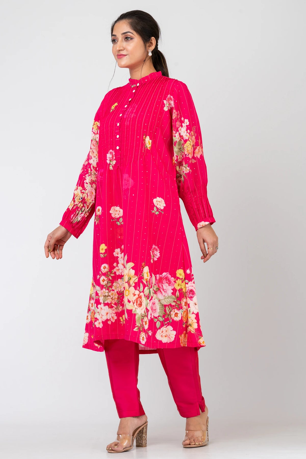 Rosy Flourish Pink Sequence Woven Russian Crepe Kurti with Raw Silk Pants Set for Women