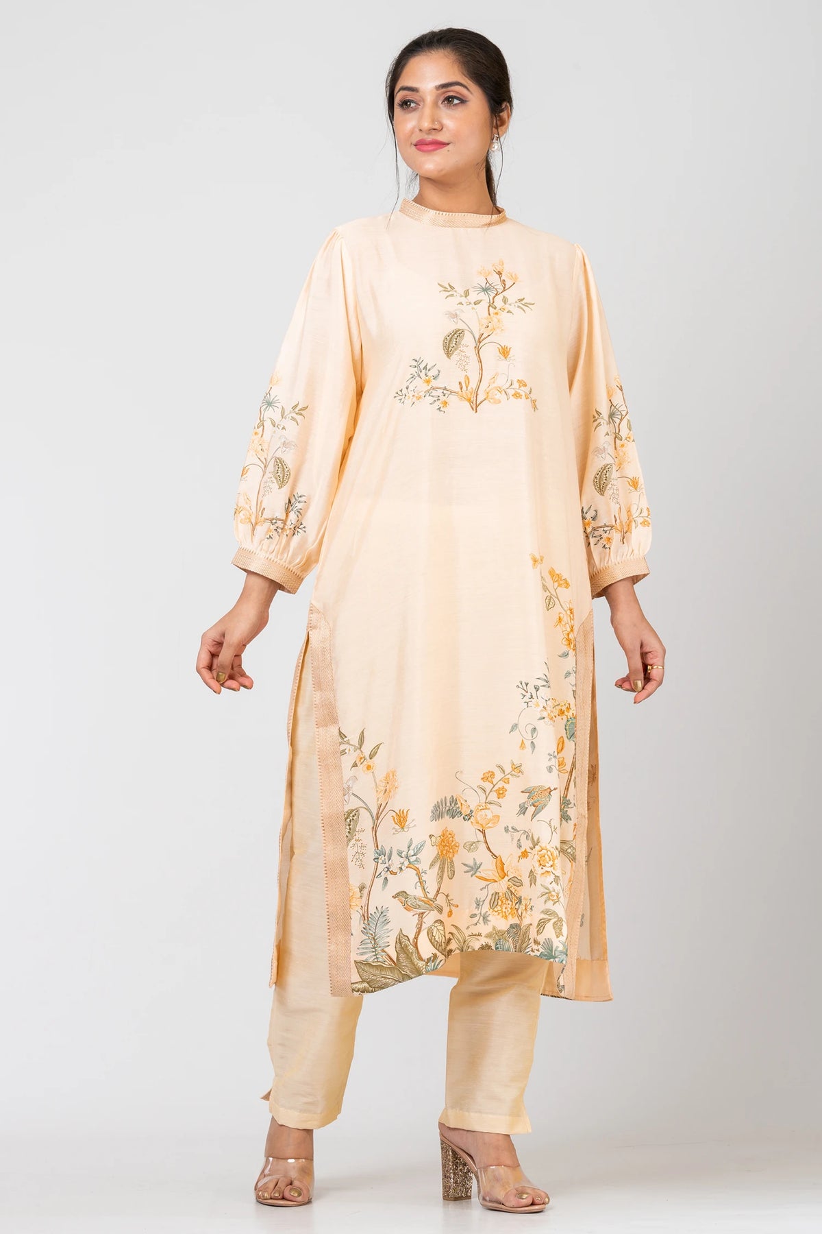 Sunny Whispers Designer Light Yellow Ethnic Set – Chanderi Kurti, Pants & Dupatta