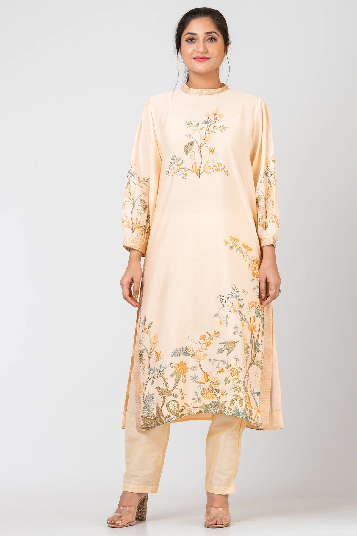 Sunny Whispers Designer Light Yellow Ethnic Set – Chanderi Kurti, Pants & Dupatta