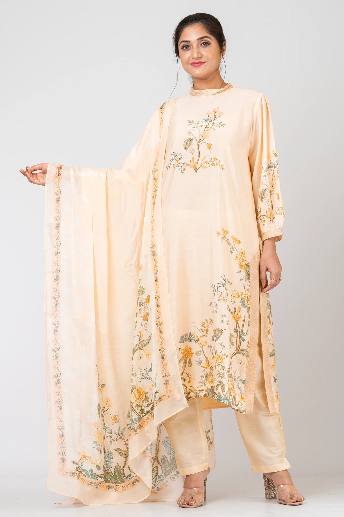 Sunny Whispers Designer Light Yellow Ethnic Set – Chanderi Kurti, Pants & Dupatta
