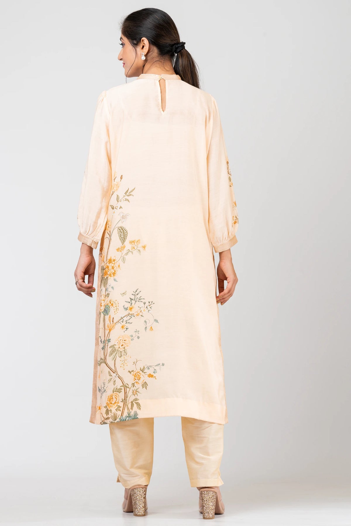 Sunny Whispers Designer Light Yellow Ethnic Set – Chanderi Kurti, Pants & Dupatta