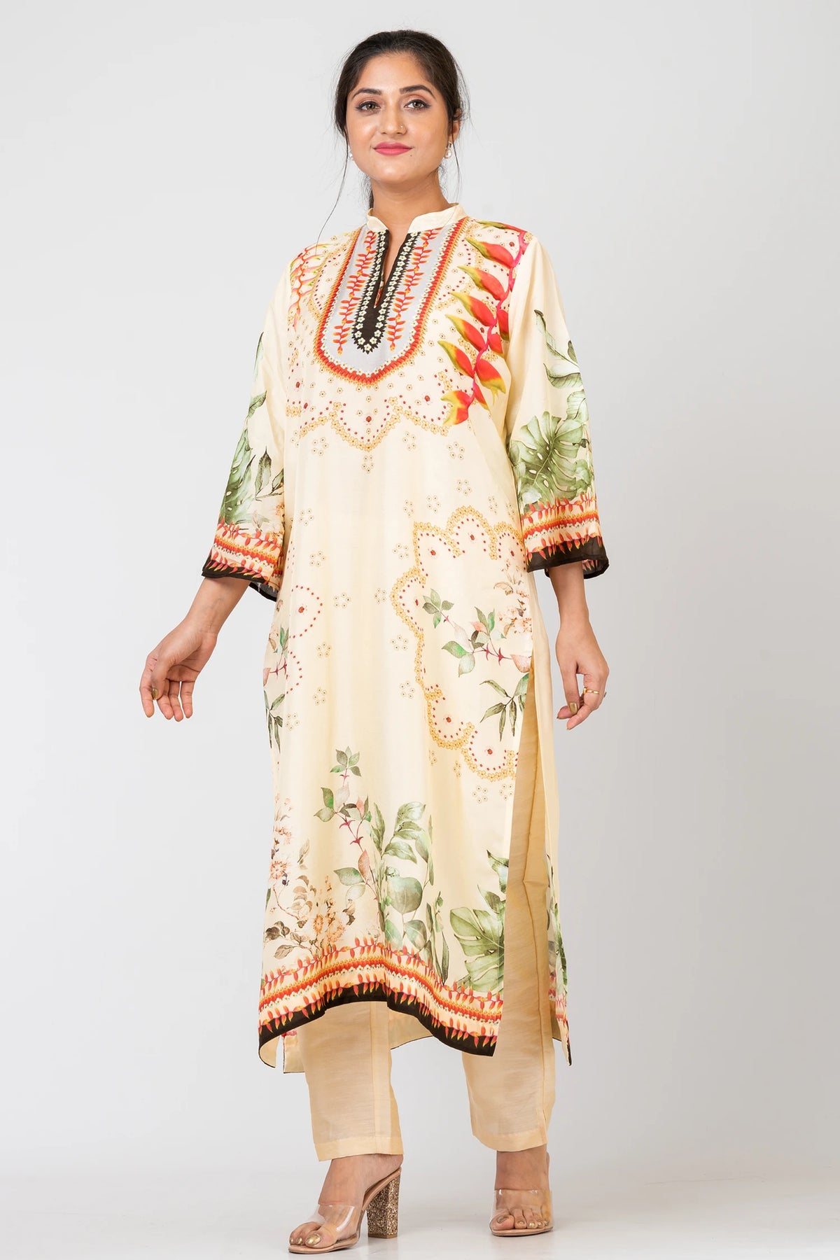 Tender Petals Designer Pale Green Raw Silk Kurti and Pants Ethnic Set for Women